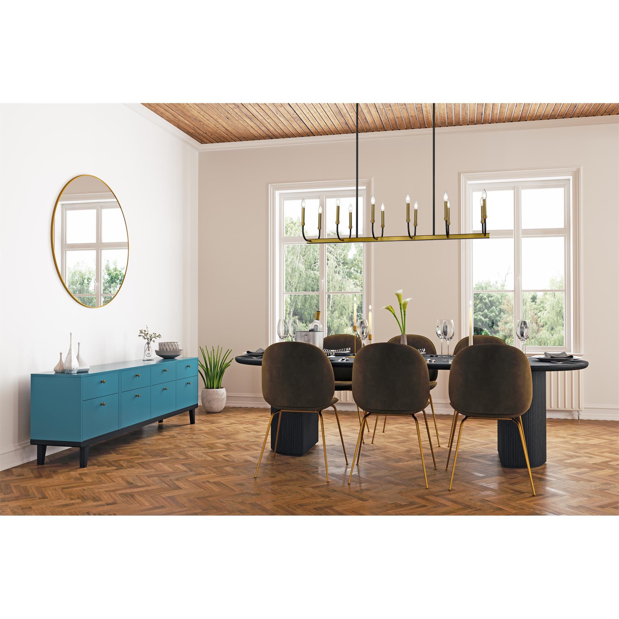 Shown in Matte Black + Olde Brass finish and --- glass and --- shade