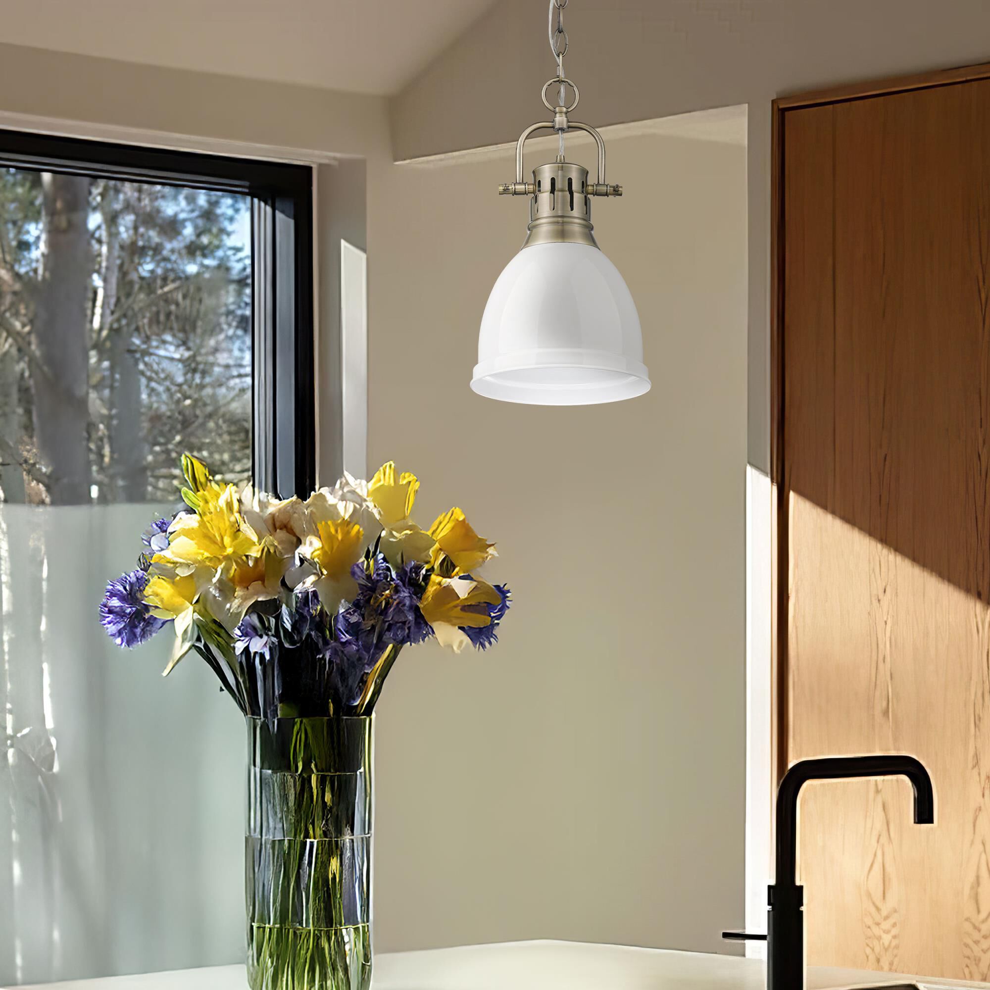 Shown in Aged Brass finish and Matte White shade