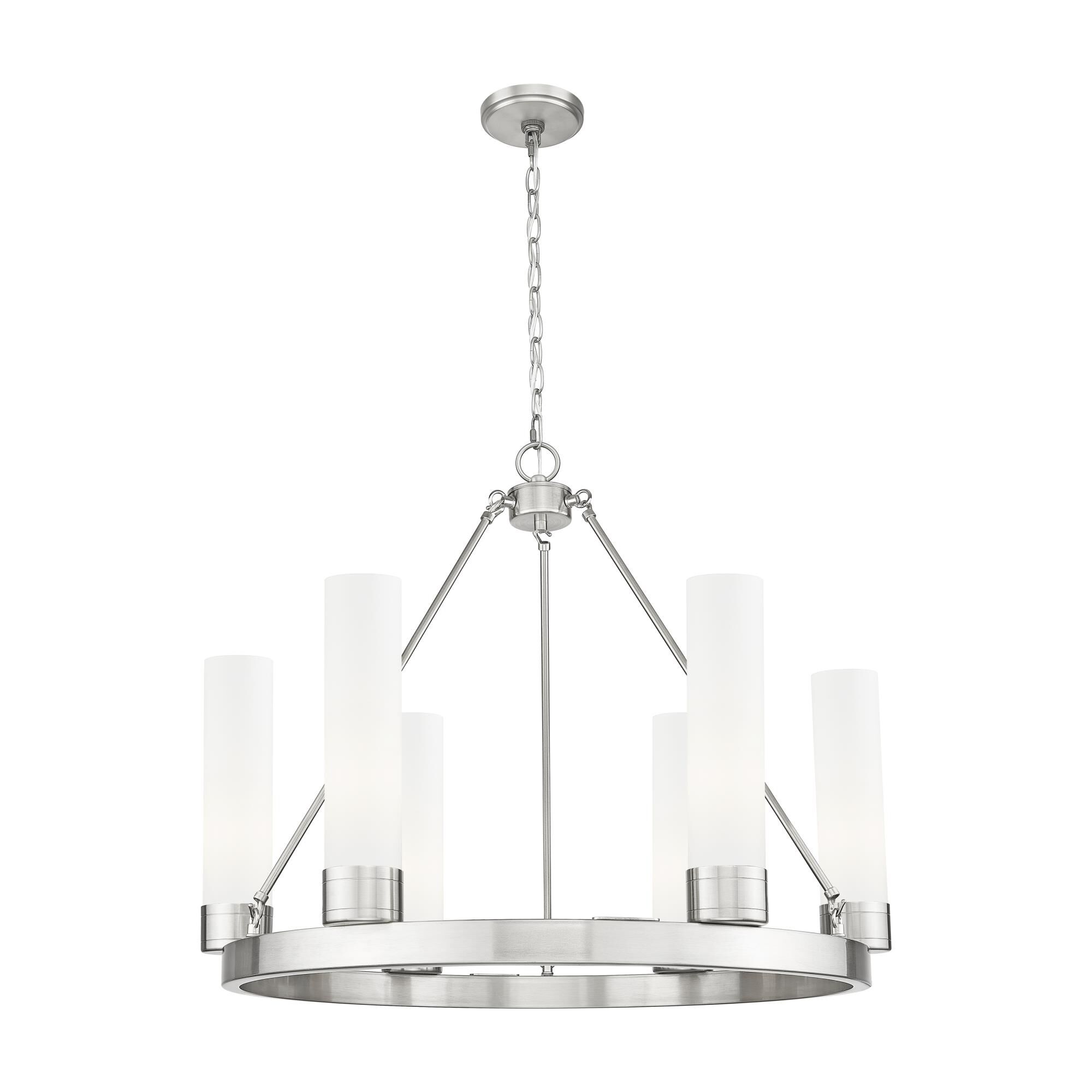 Shown in Satin Nickel finish and White glass