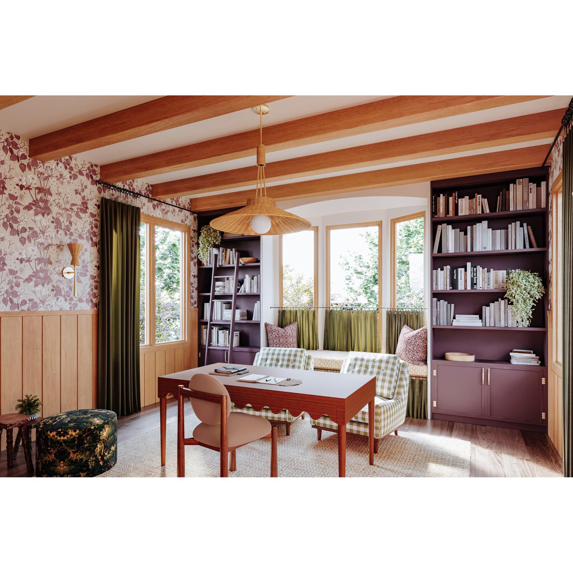 Shown in Aged Brass finish and Natural Woven shade