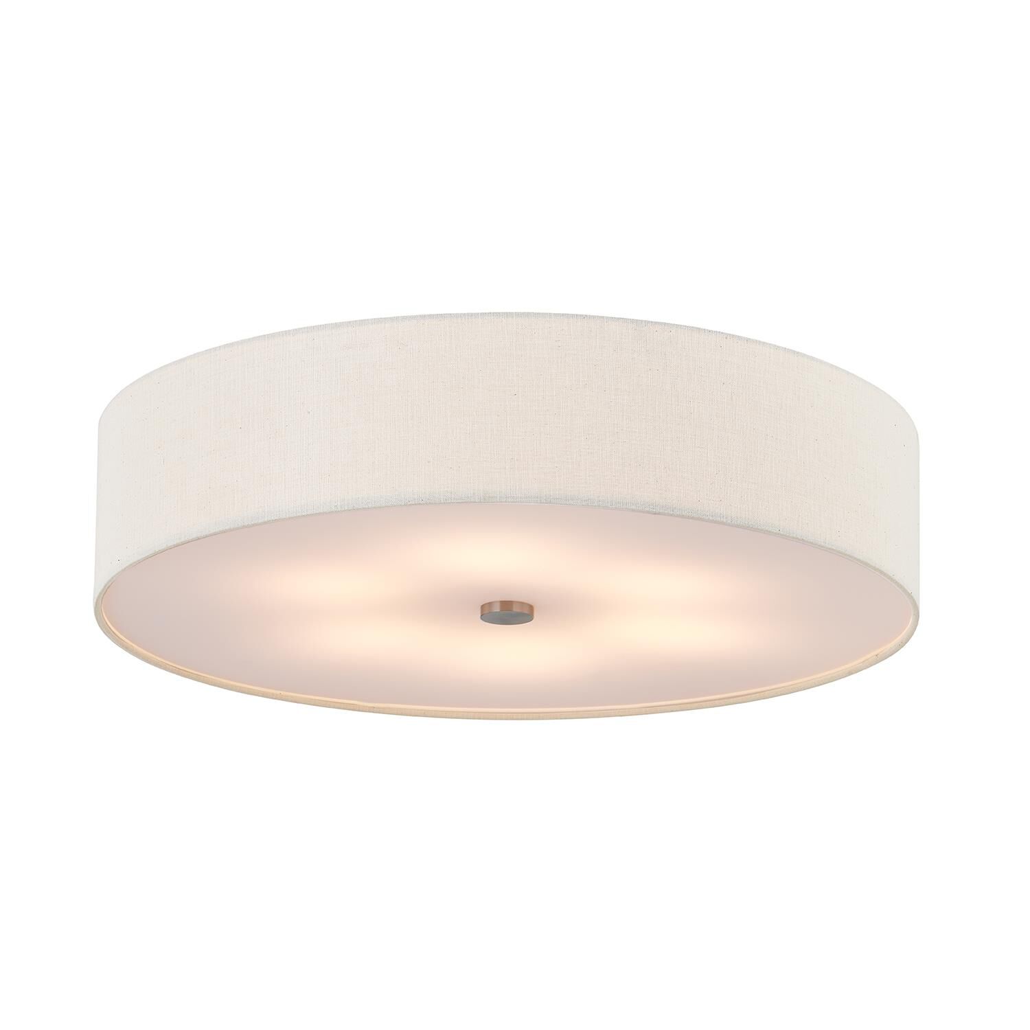 Shown in Brushed Nickel finish and Cream Woven Fabric shade