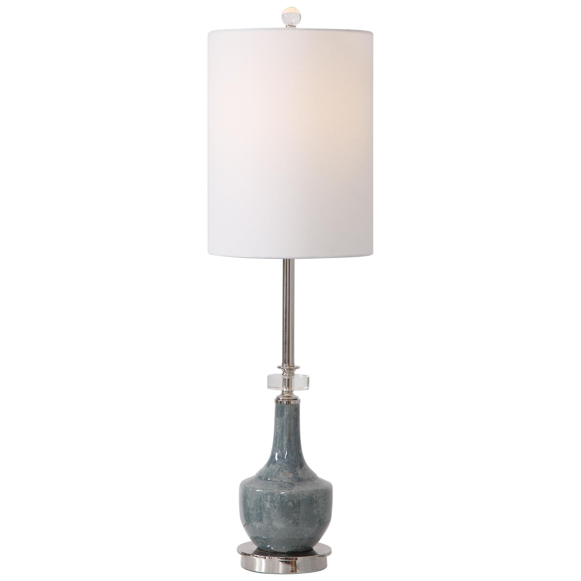 Shown in This Buffet Lamp Features A Ceramic Base Finished In A Mottled Blue Glaze With Subtle Rust Distressi finish and Drum Hardback Rolled Edge shade