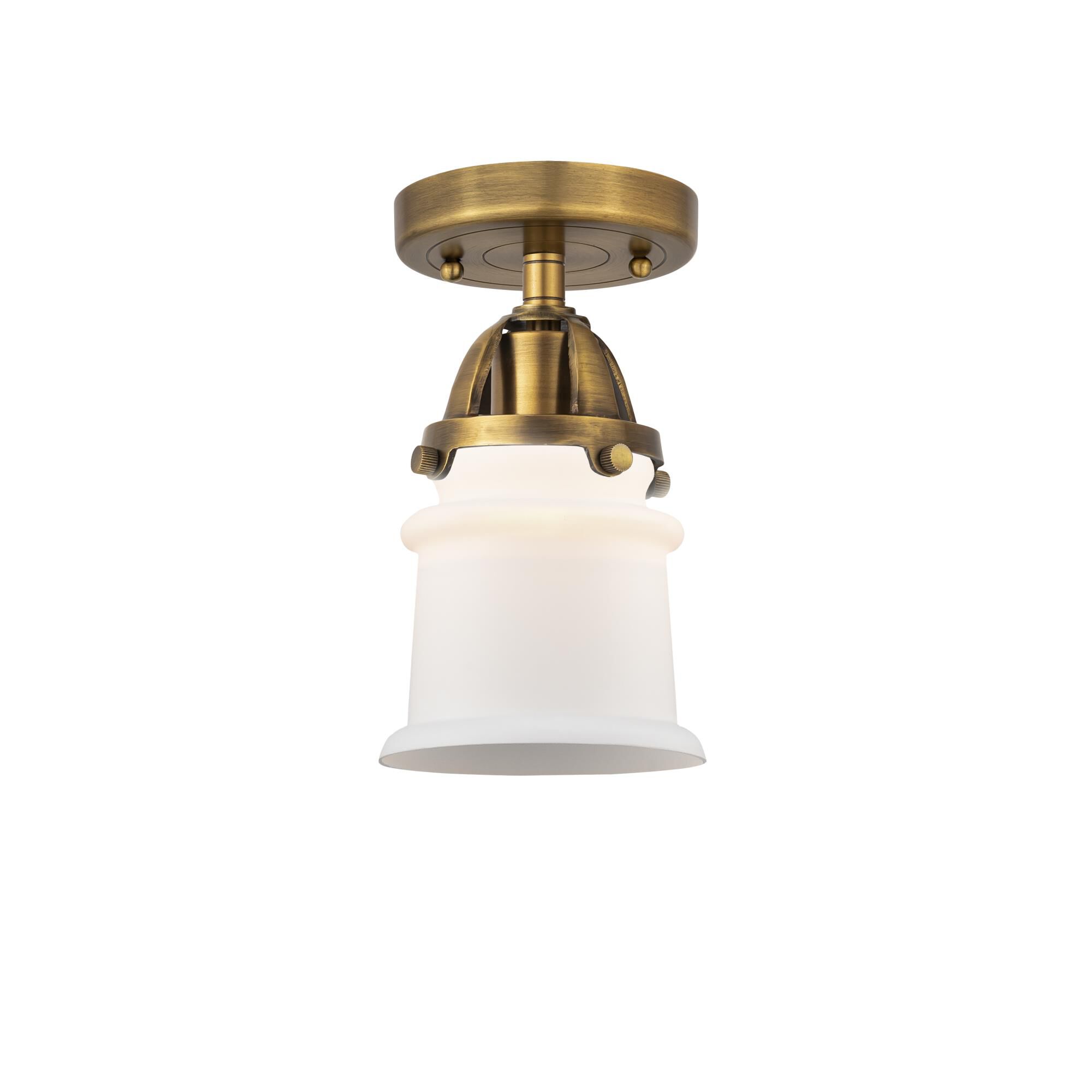 Shown in Brushed Brass finish and Matte White Canton glass and No Shade shade