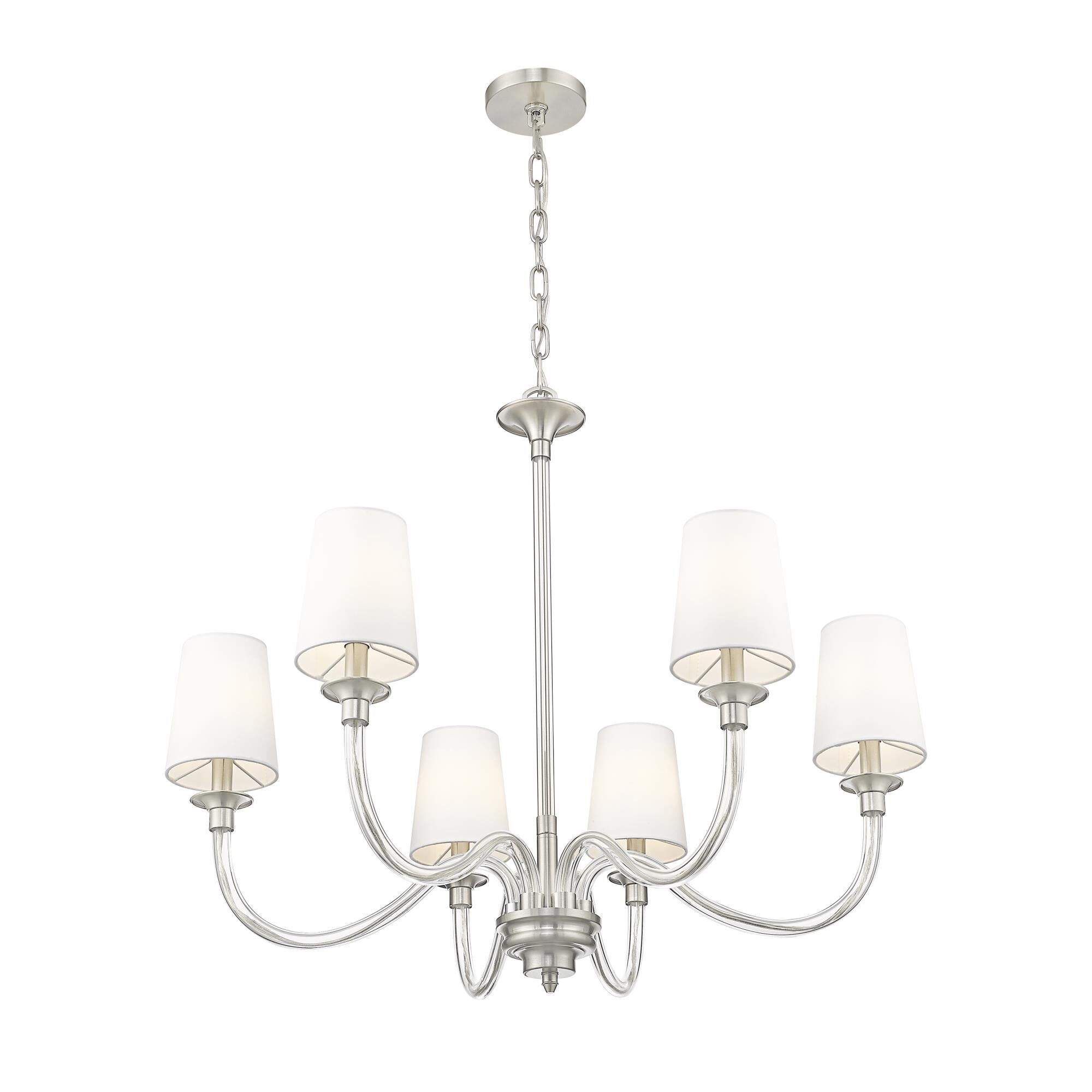 Shown in Brushed Nickel finish and White glass and White shade