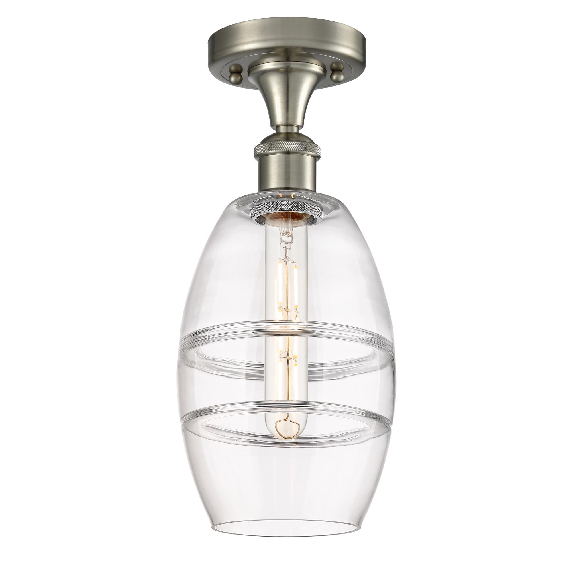 Shown in Brushed Satin Nickel finish and Clear glass