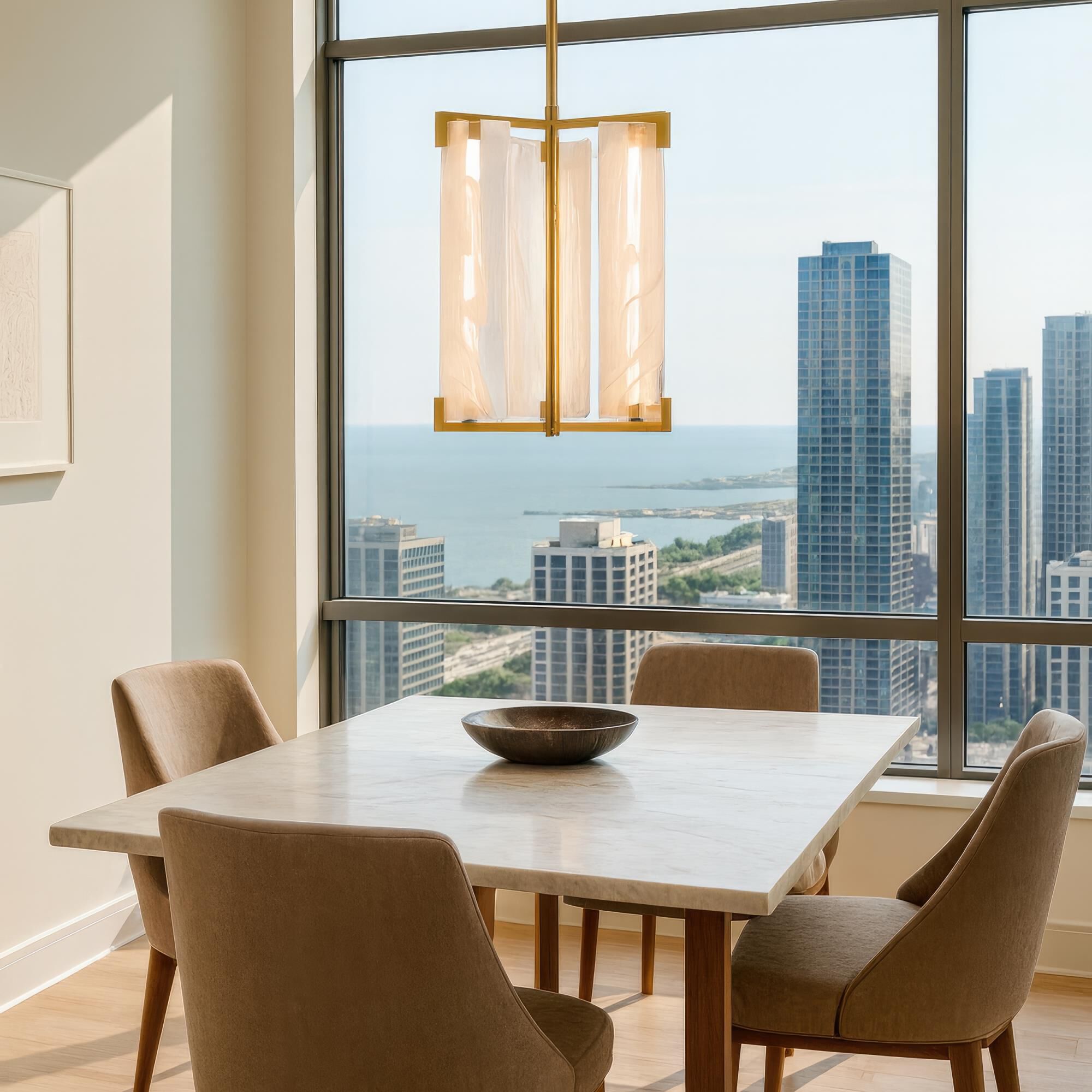 Shown in Brass finish and Handmade Clear and White Swirl glass