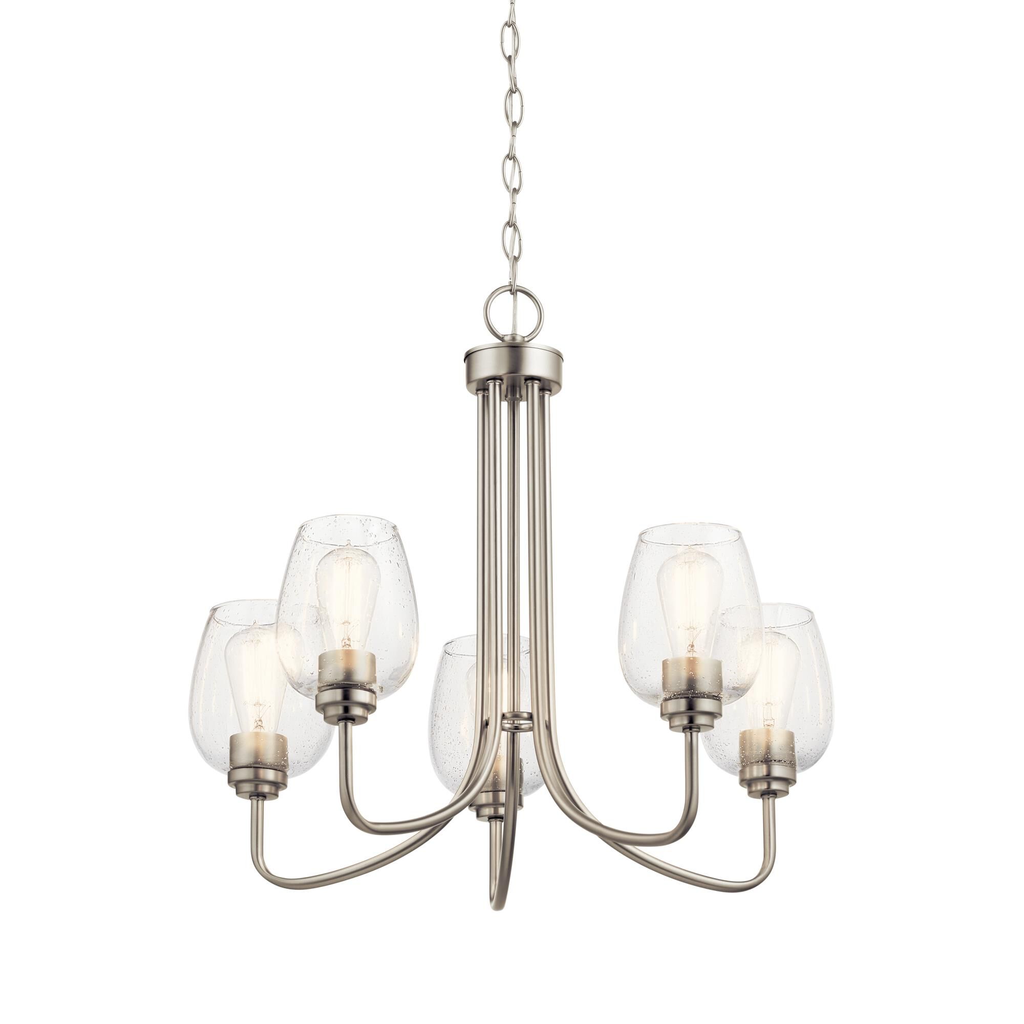 Shown in Brushed Nickel finish and Clear Seeded glass