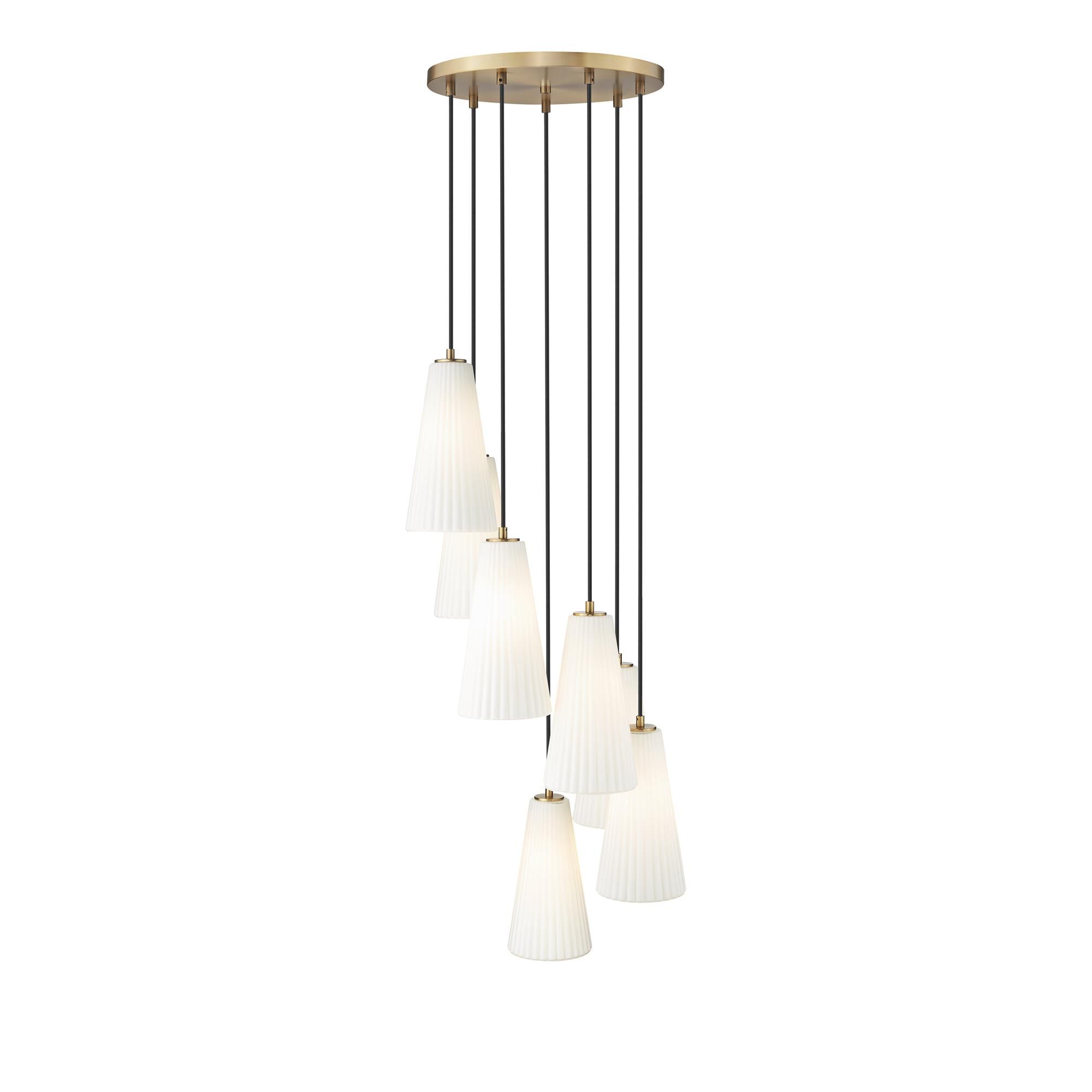 Shown in Modern Gold finish and White glass and White shade
