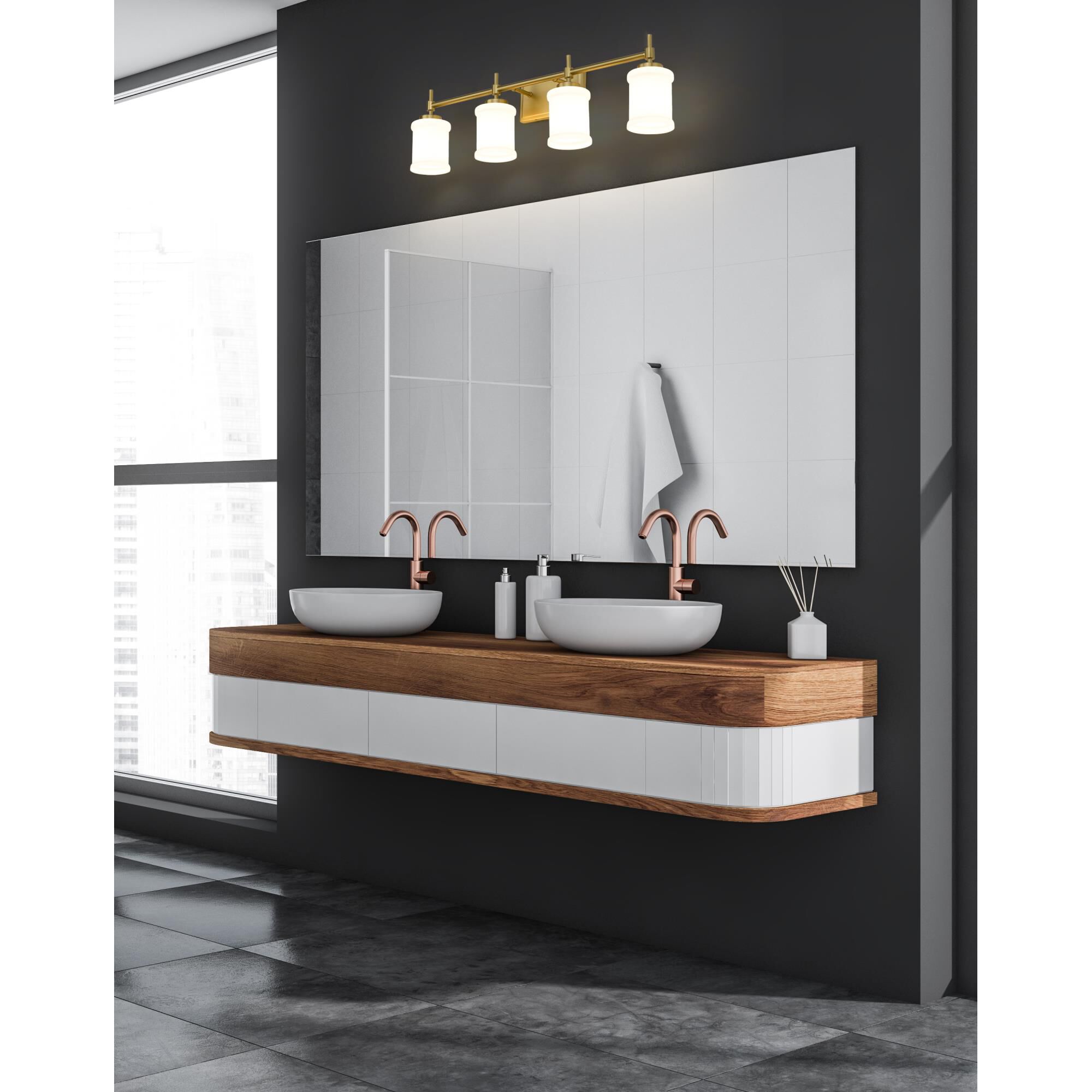 Shown in Modern Gold finish and Gloss Opal glass and Gloss Opal shade