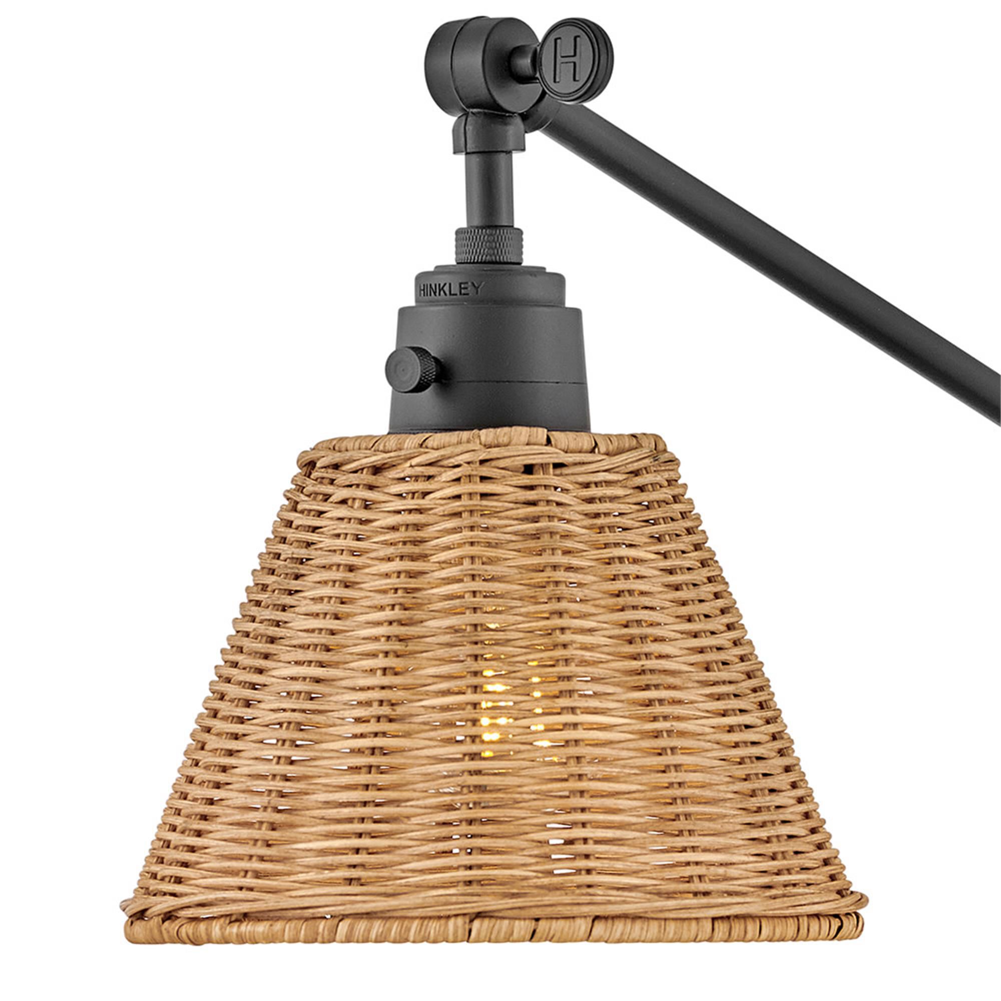 Shown in Black finish and Light Natural Rattan shade