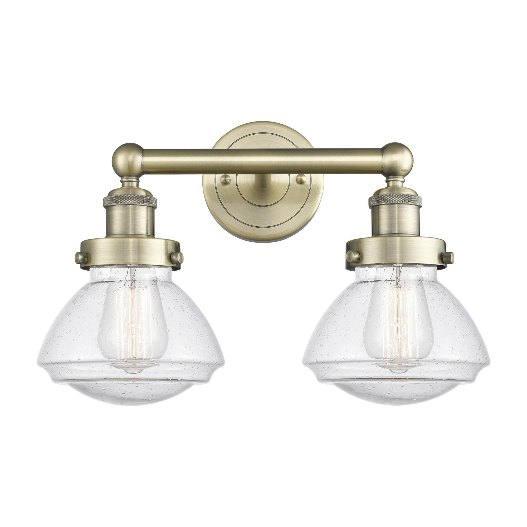 Shown in Antique Brass finish and Seedy glass