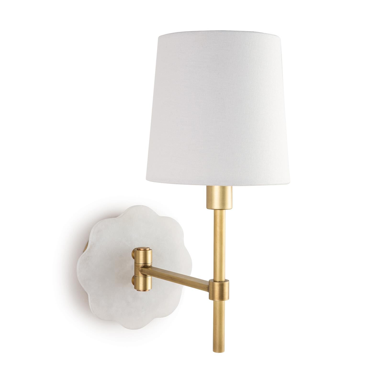 Shown in Natural Brass finish and Linen shade