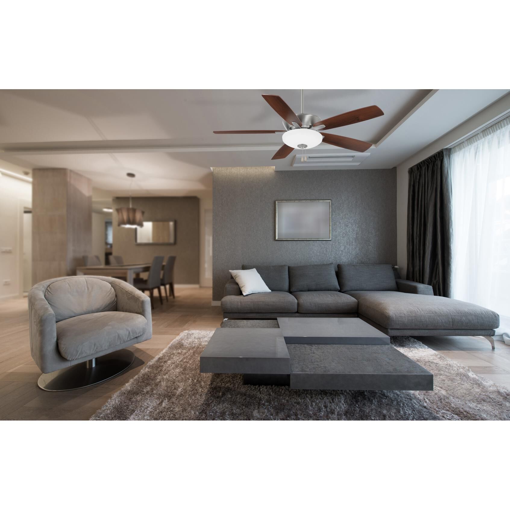 Shown in Brushed Nickel and Dark Walnut finish and Frosted White glass