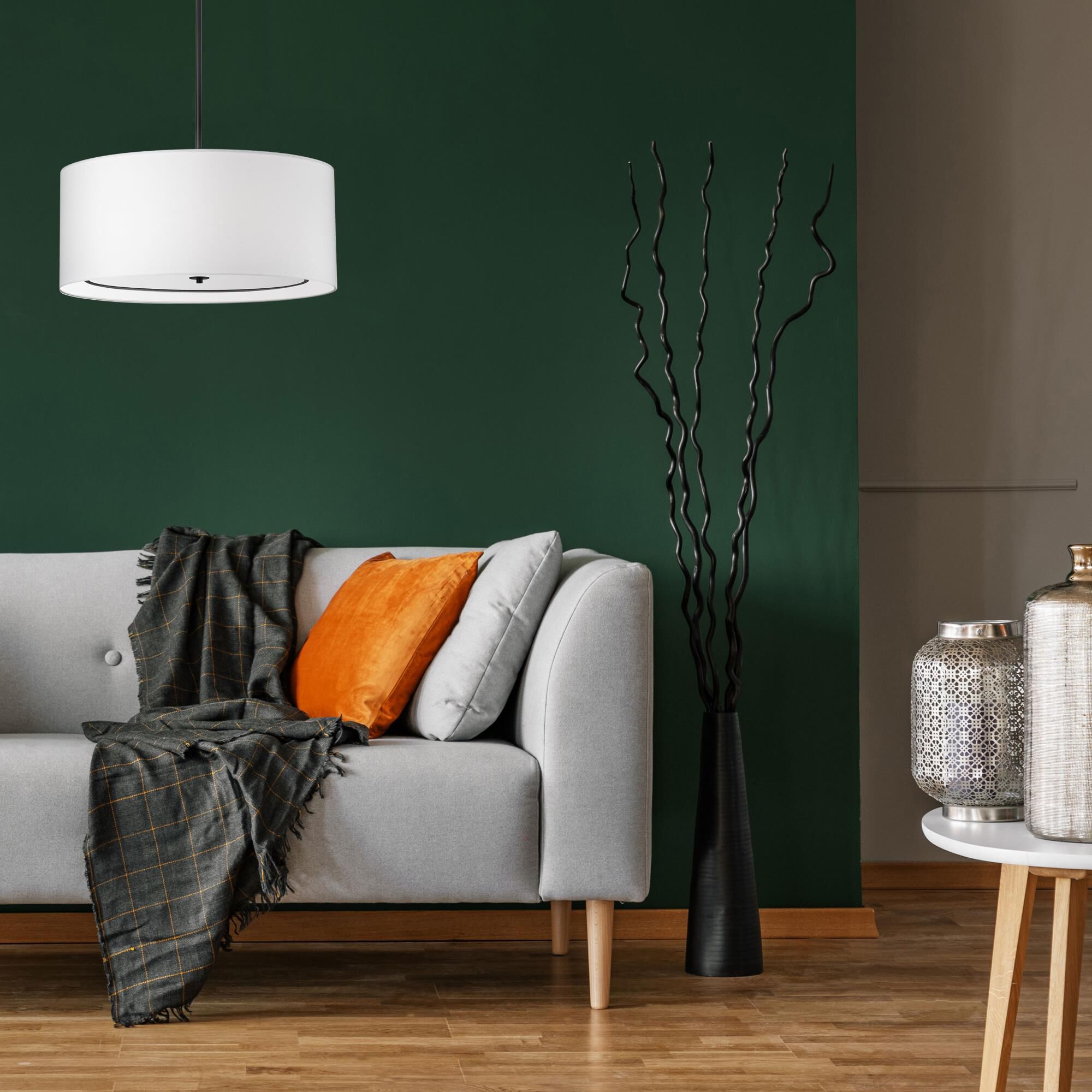 Shown in Matte Black finish and White Fabric shade