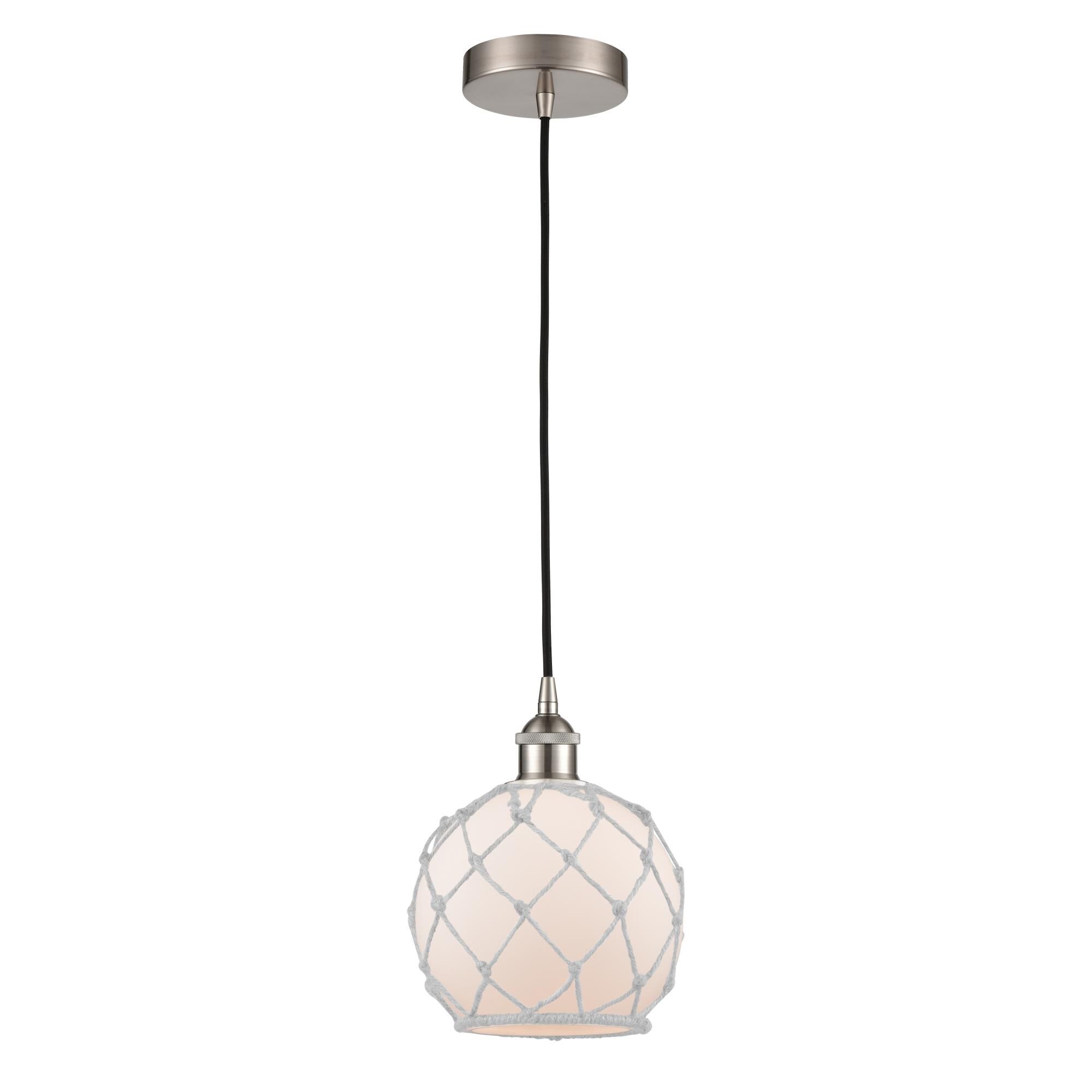 Shown in Brushed Satin Nickel finish and White Farmhouse With White Rope glass