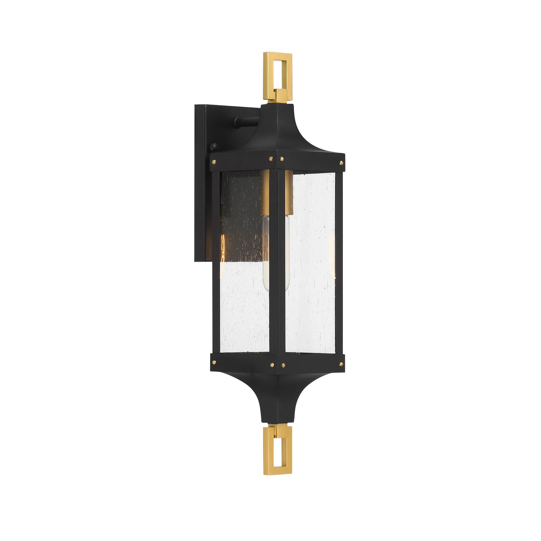 Shown in Matte Black And Weathered Brushed Brass finish and Clear Seeded glass