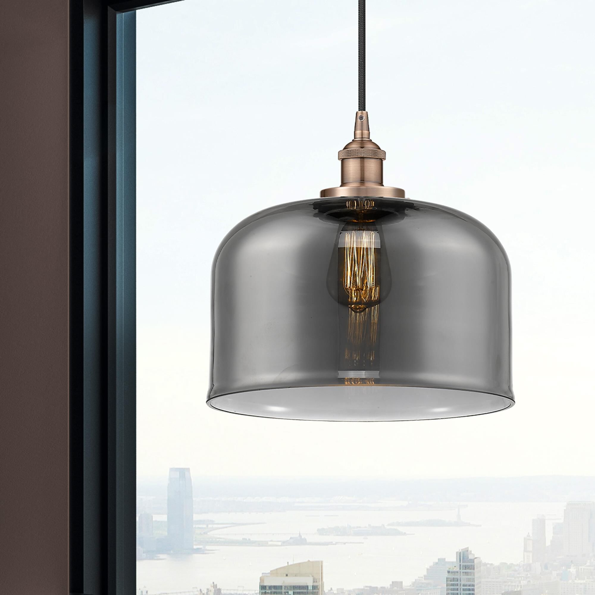 Shown in Antique Copper finish and Plated Smoke X-Large Bell glass