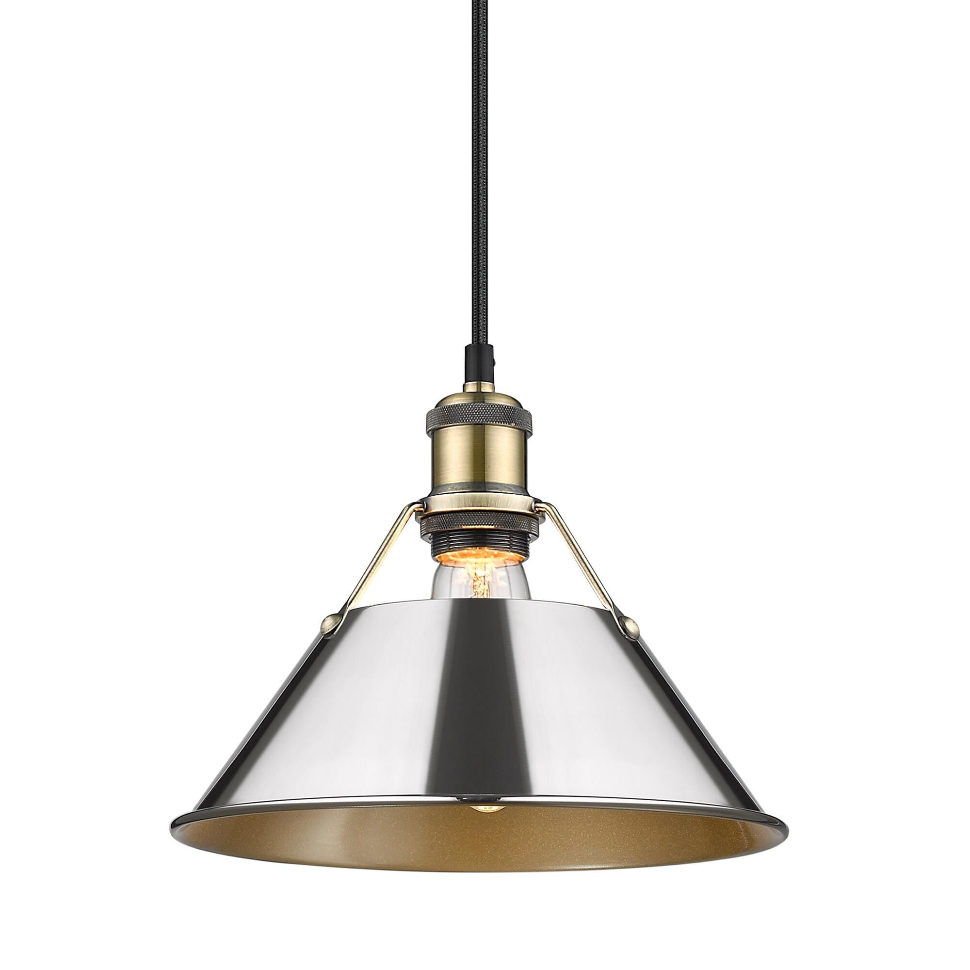 Shown in Aged Brass finish and Chrome shade