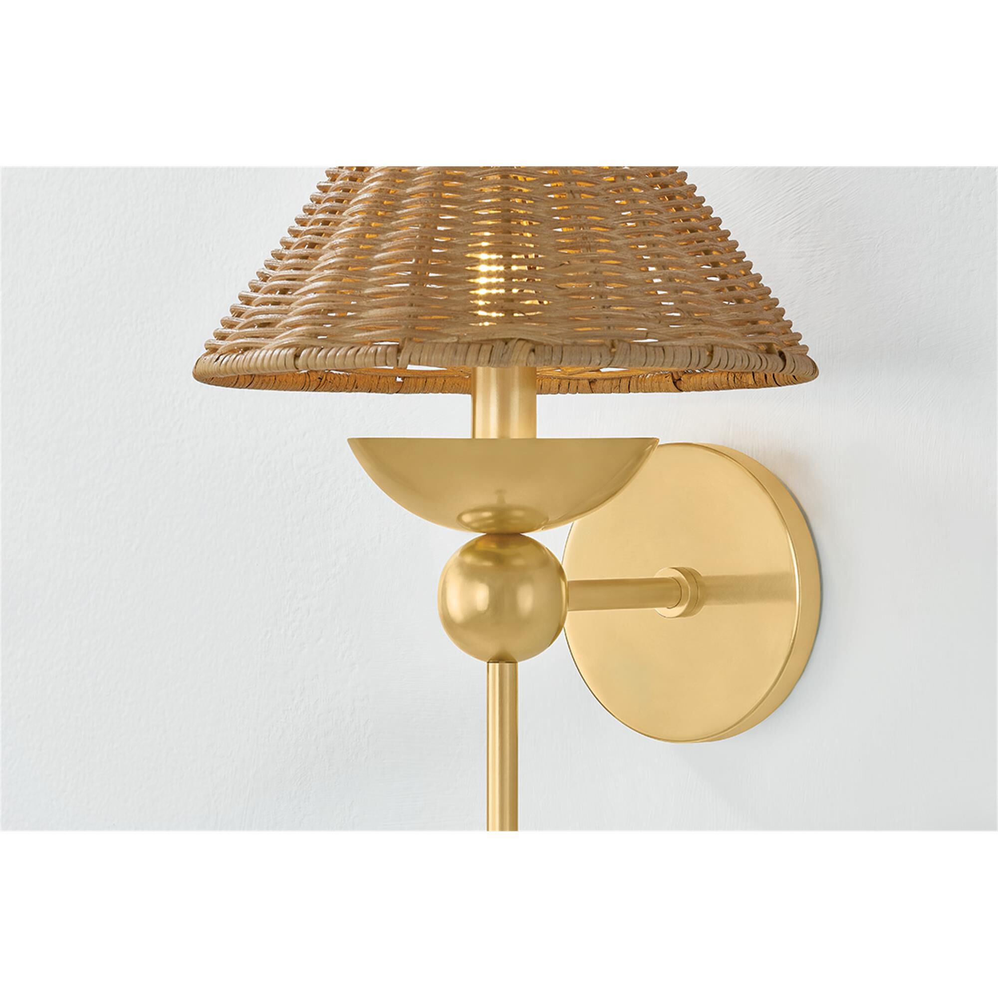 Shown in Aged Brass finish and Vintage Natural Wicker shade
