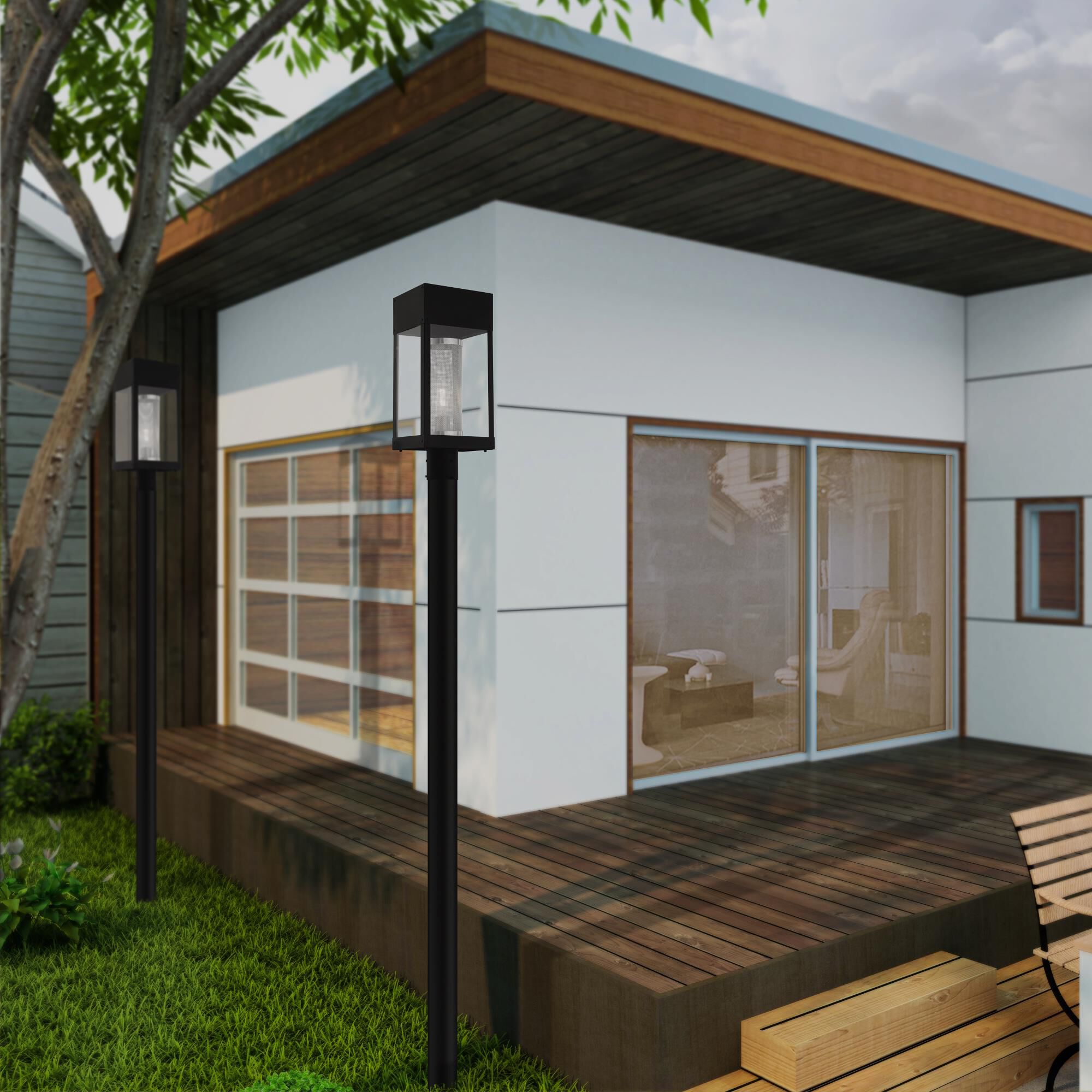 Shown in Black finish and Clear Outside and Stainless Steel Mesh Cylinder Inside glass