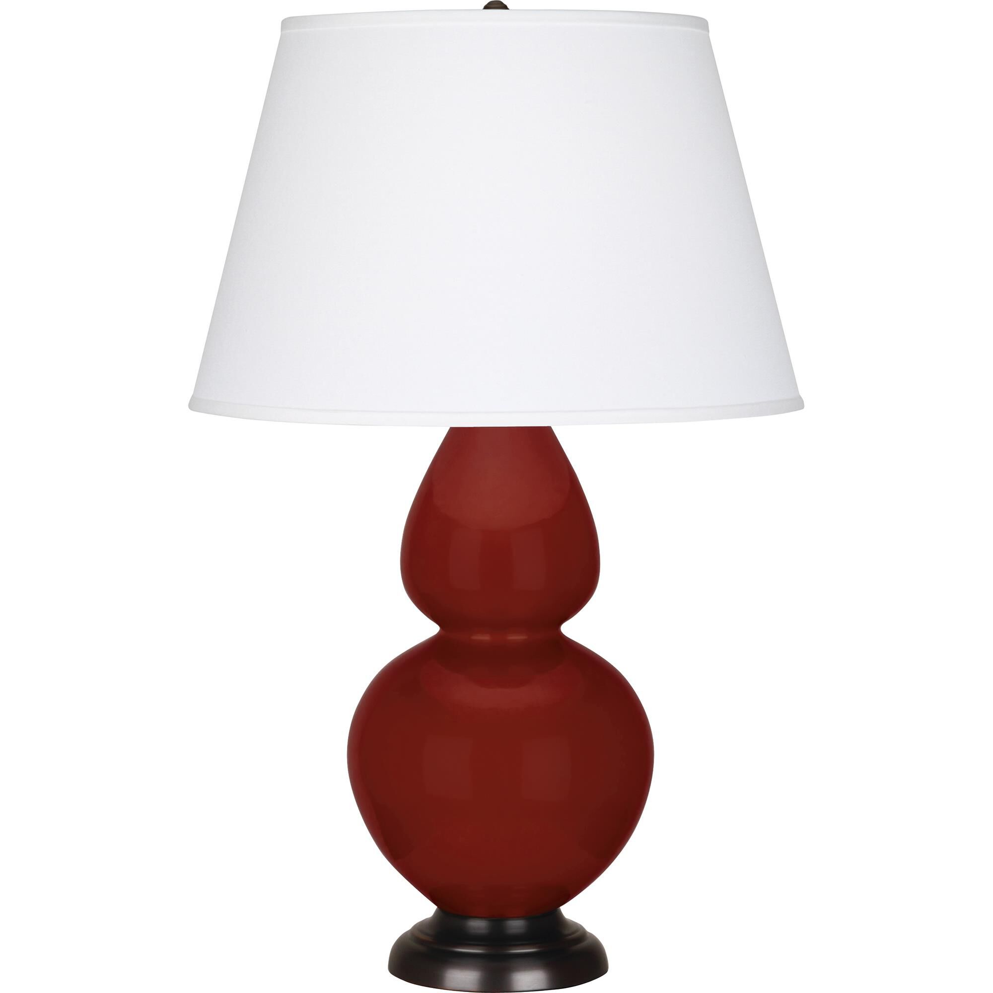 Shown in Oxblood Glazed finish and Pearl Dupioni shade and Deep Patina Bronze accent