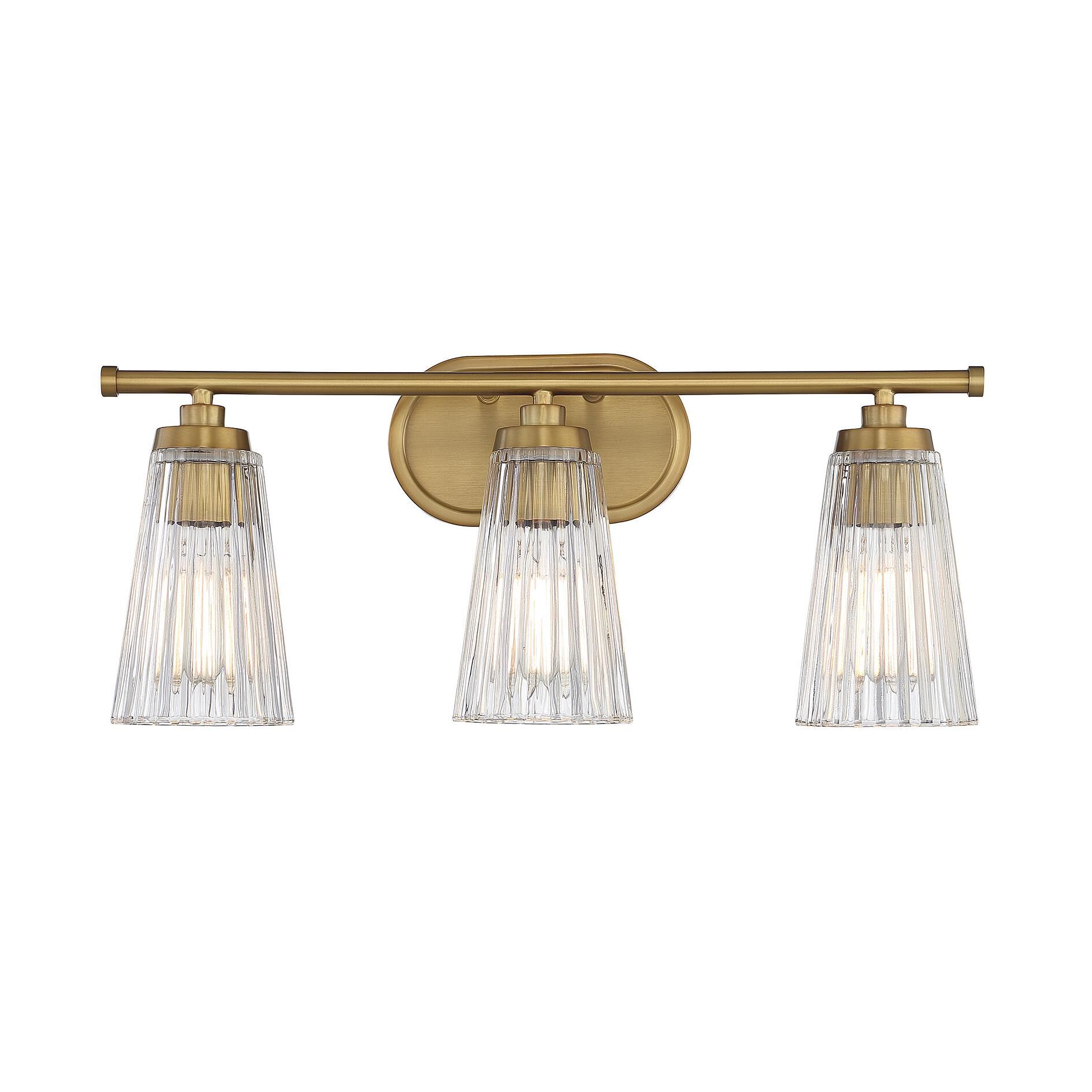 Shown in Warm Brass finish and Clear Ribbed glass and Glass shade