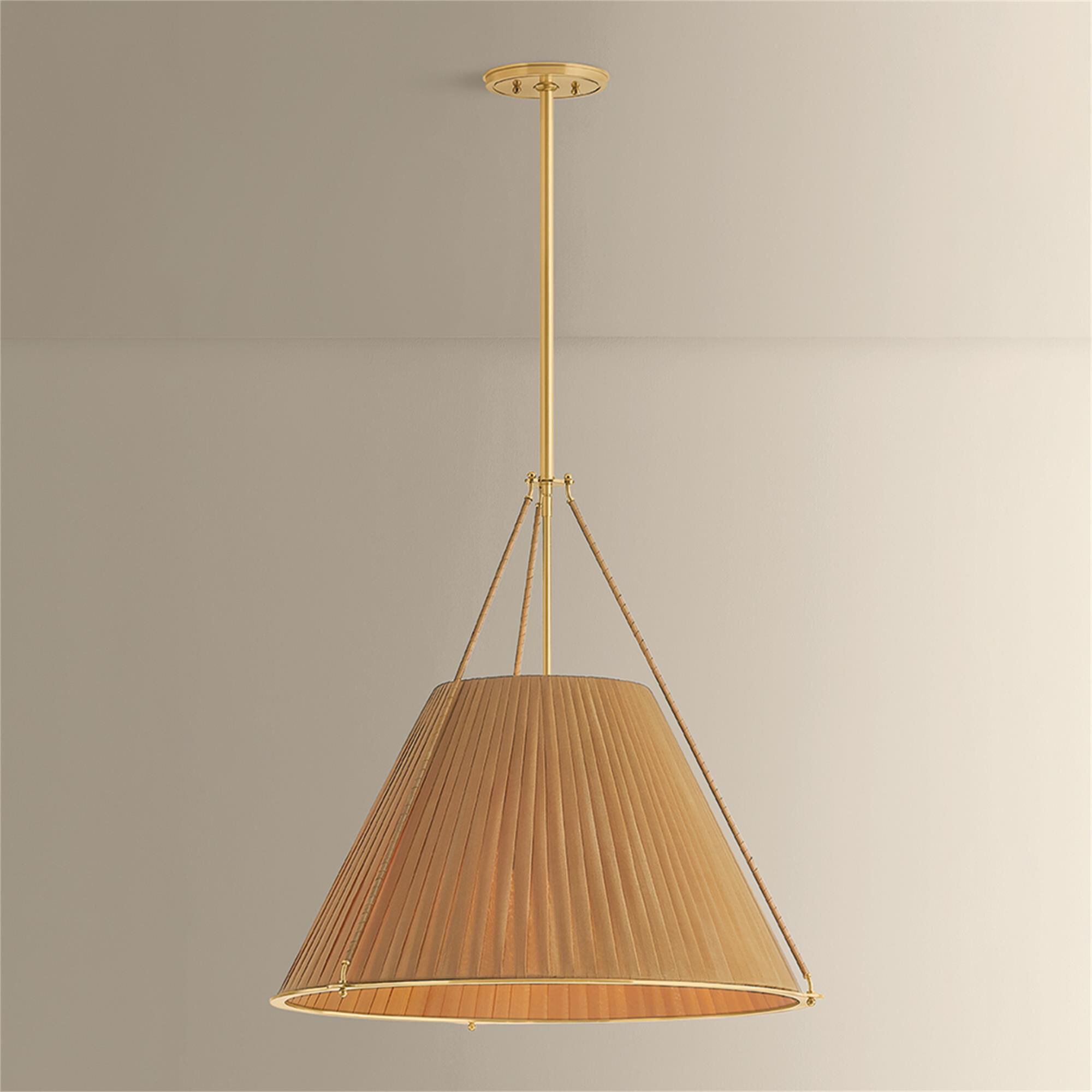Shown in Aged Brass finish and Silk shade