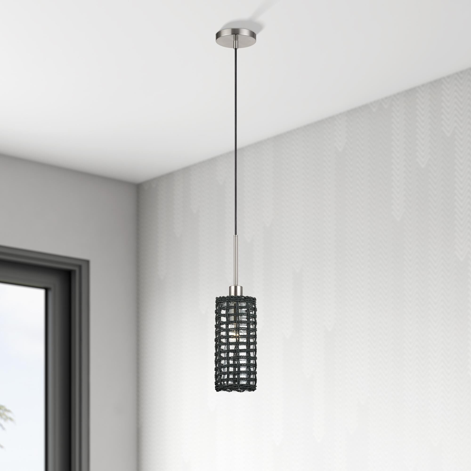 Shown in Brushed Nickel finish and Hand-Woven Midnight Black Color Paper Rope On Top Of Clear shade