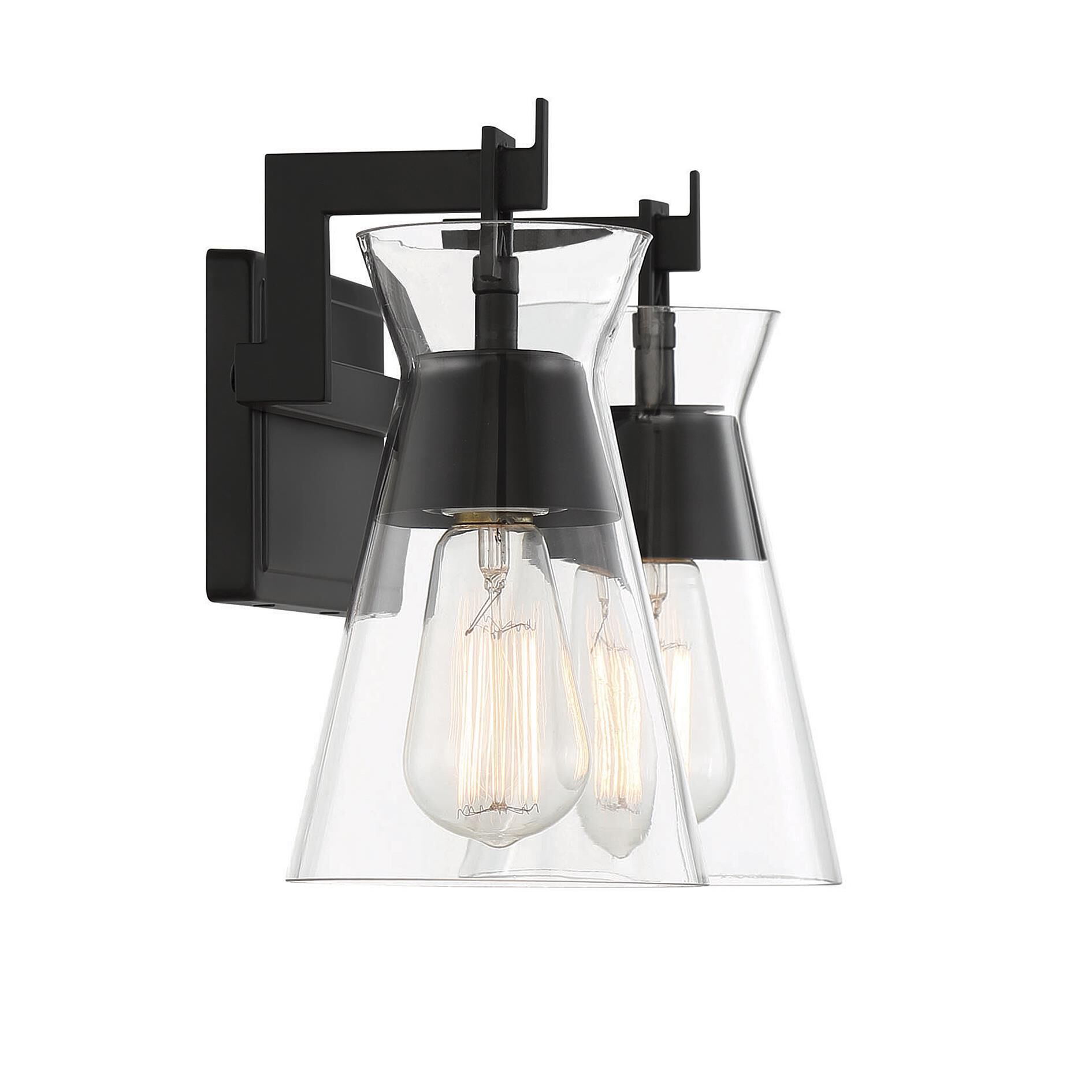 Shown in Matte Black finish and Clear glass and Glass shade