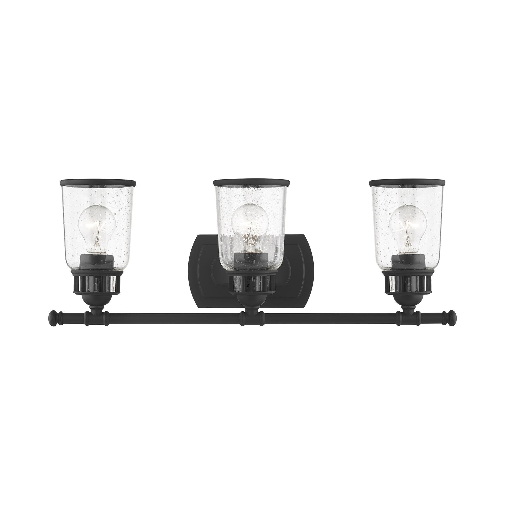Shown in Black finish and Hand Blown Clear Seeded glass and Hand Blown Clear Seeded Glass shade
