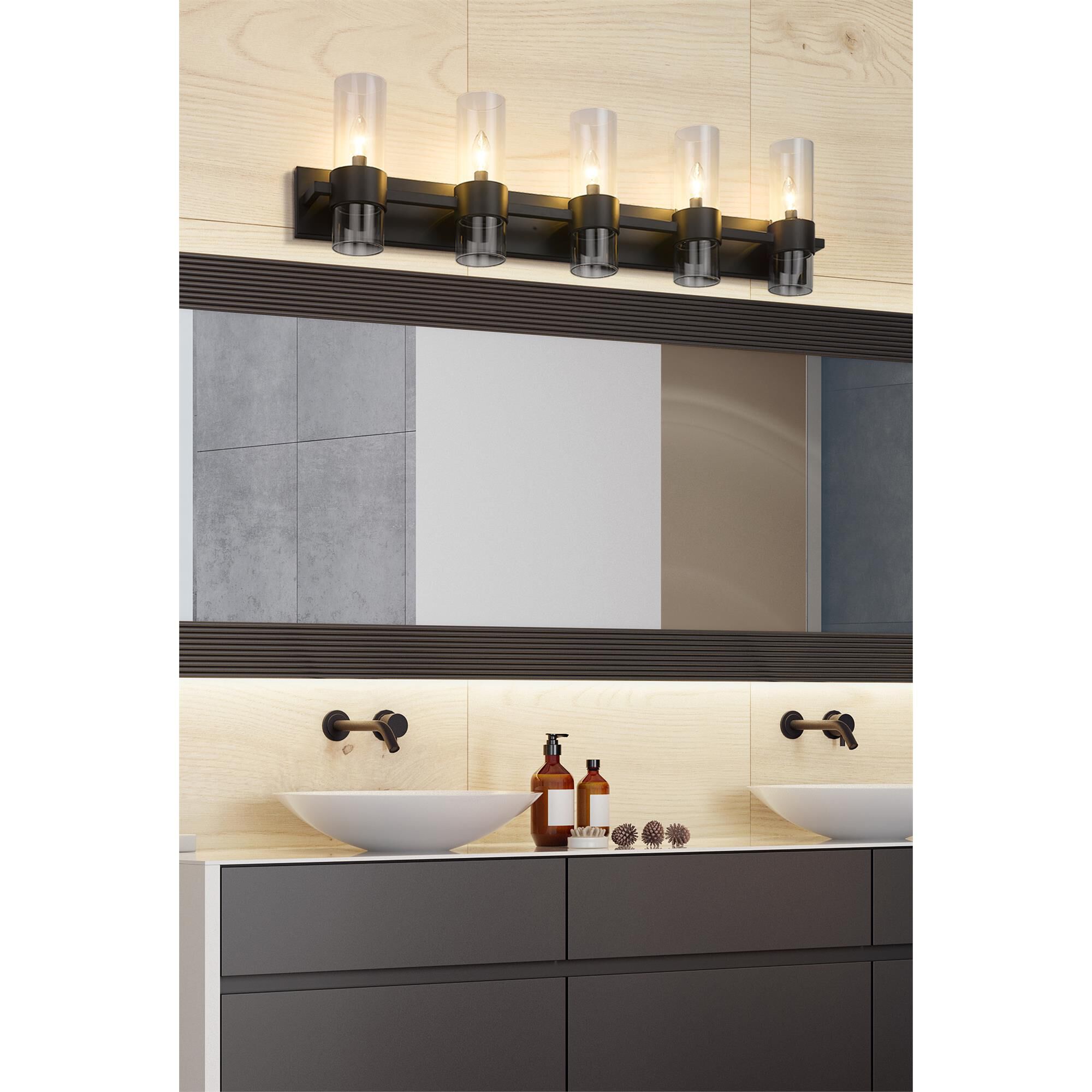 Shown in Matte Black finish and Clear glass and Clear shade