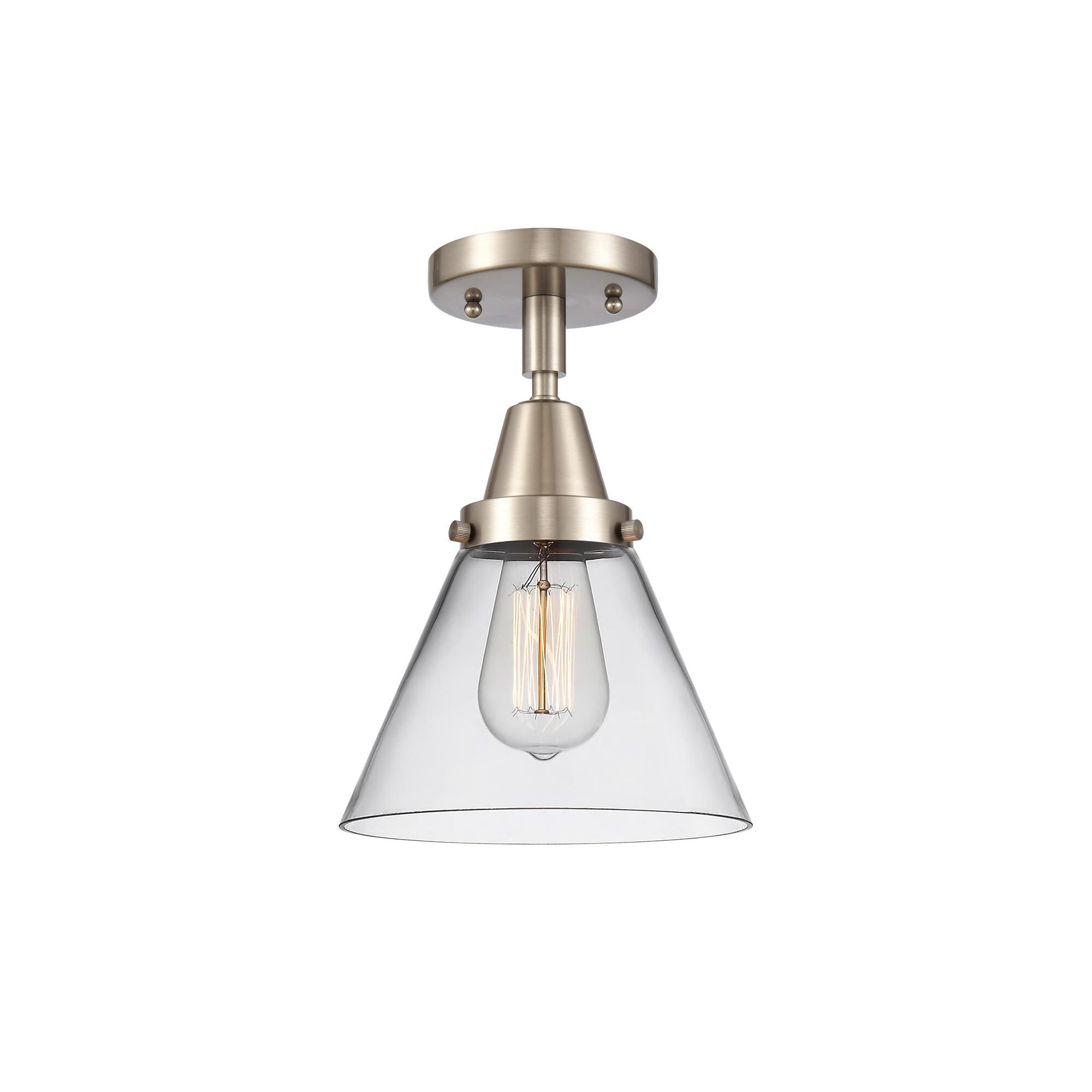 Shown in Brushed Satin Nickel finish and Clear Large Cone glass