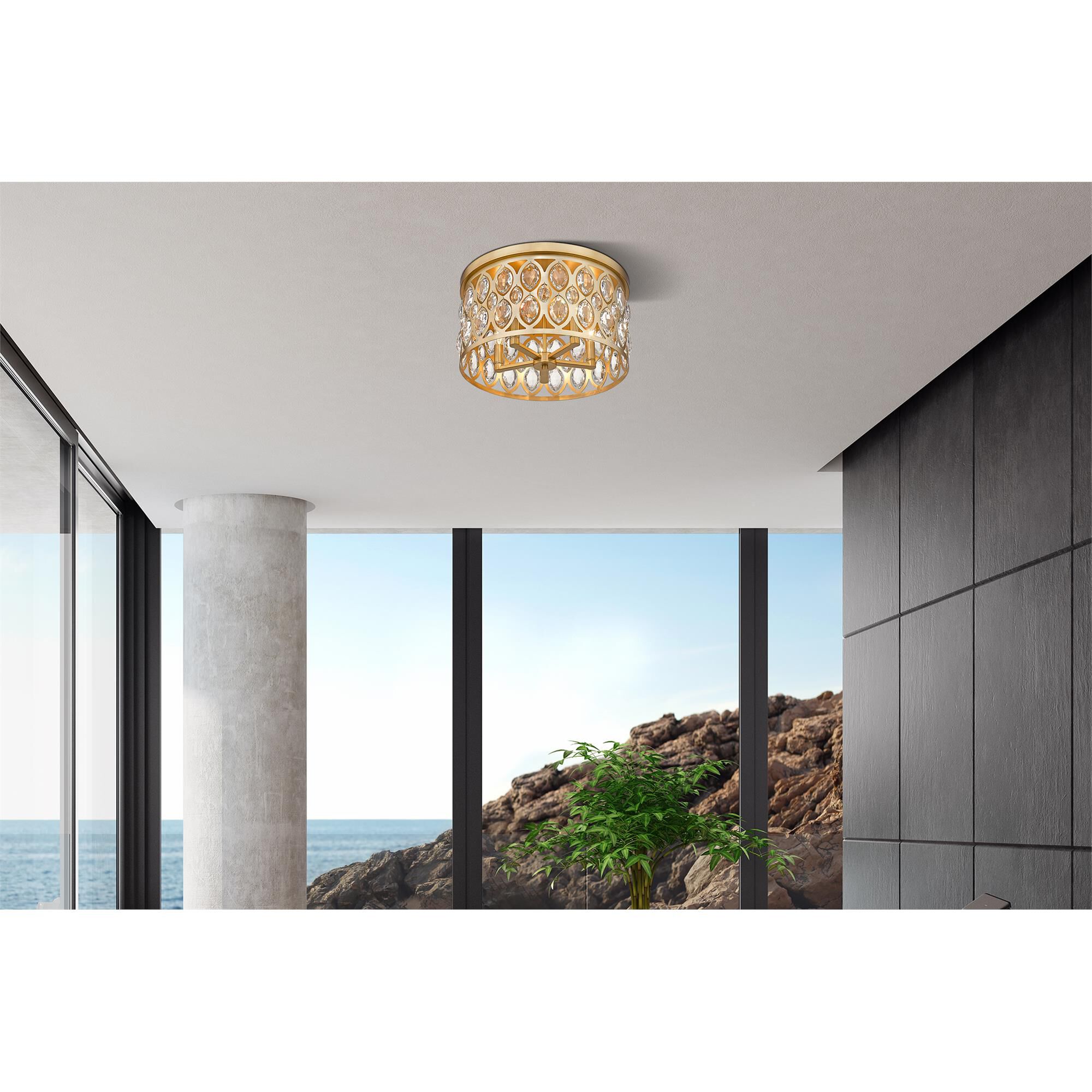 Shown in Heirloom Brass finish and Clear Crystal glass