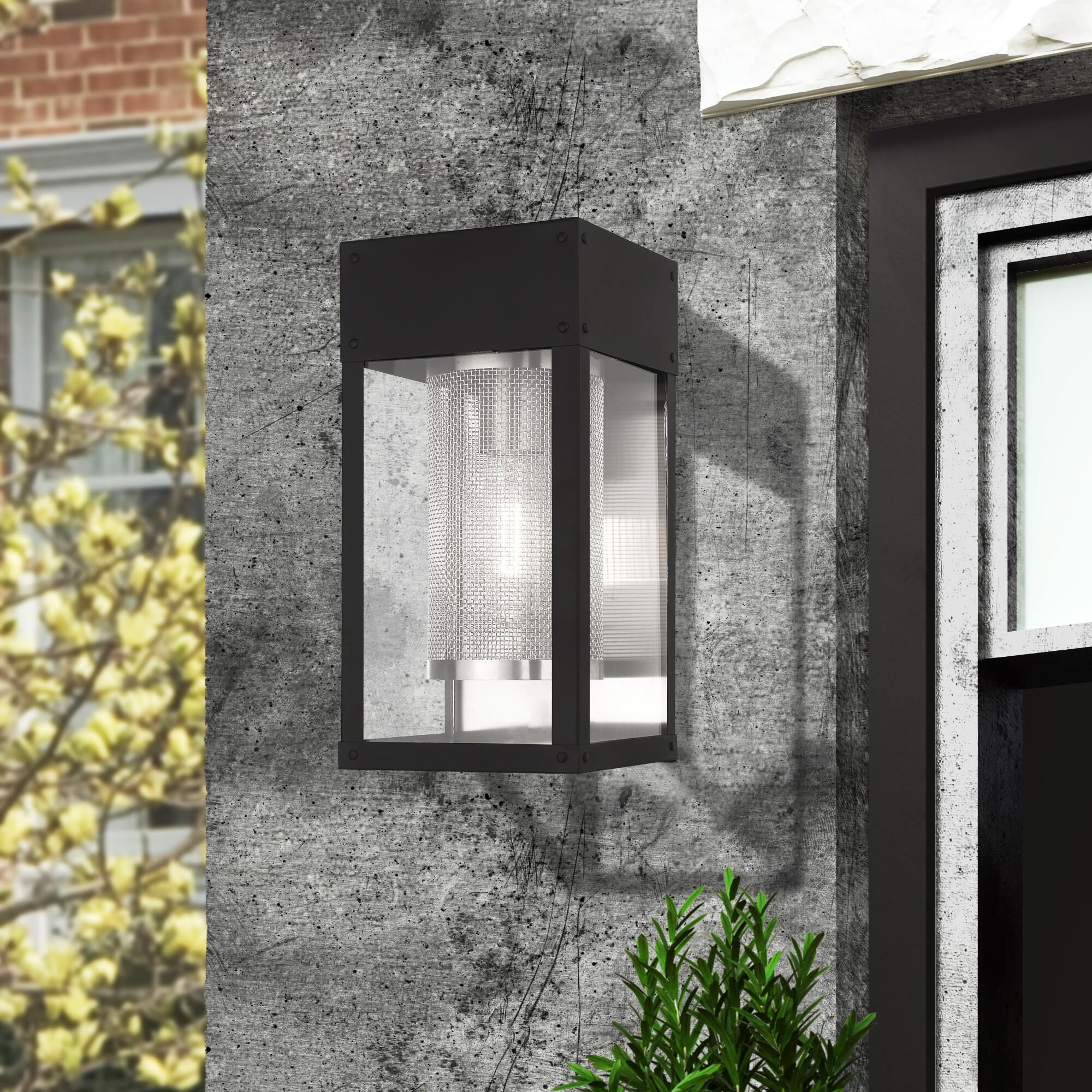 Shown in Black finish and Clear Outside and Stainless Steel Mesh Cylinder Inside glass