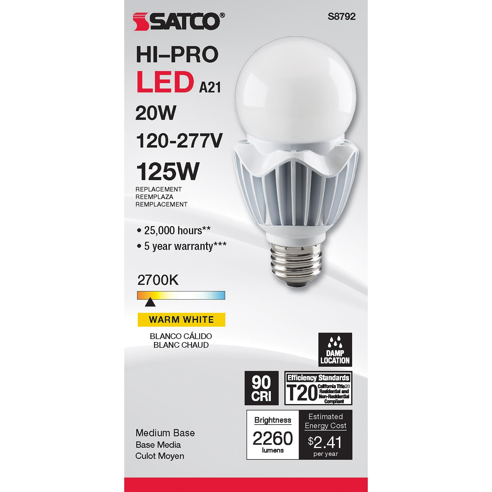 20 Watt 2700K A21 LED Light Bulb by Satco