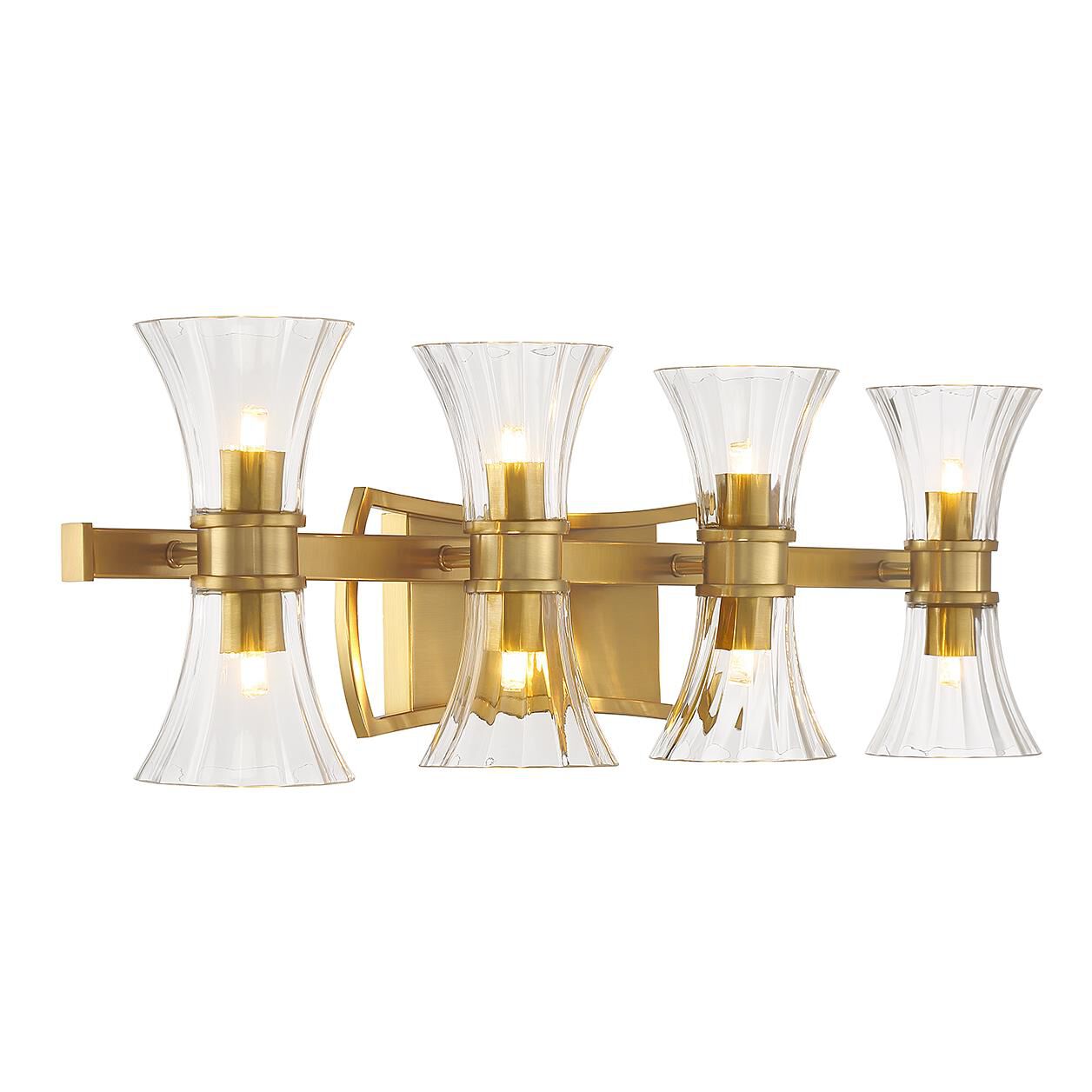 Shown in Warm Brass finish and Clear Ribbed glass
