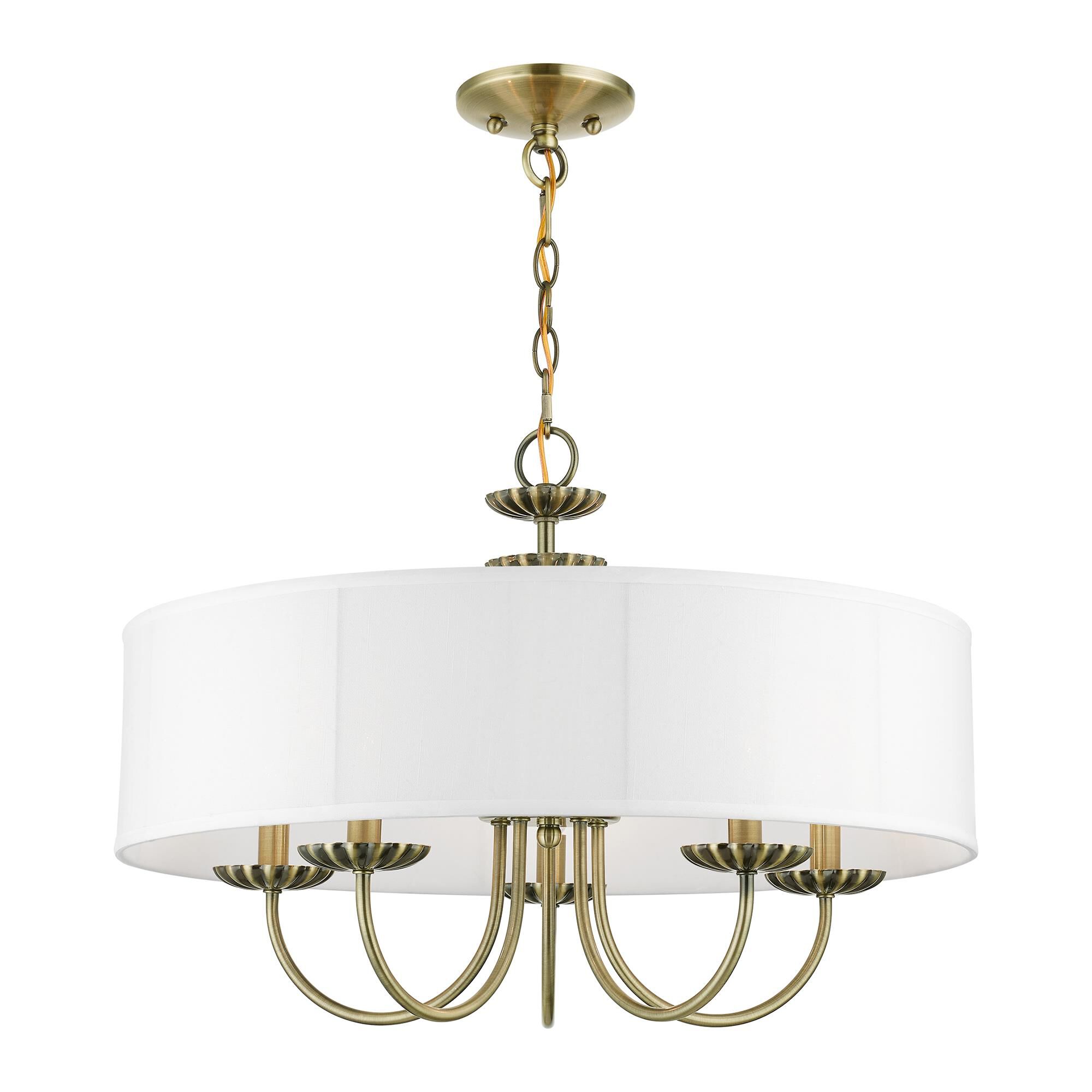 Shown in Antique Brass finish and Off-White Fabric Hardback with White Fabric Inside shade