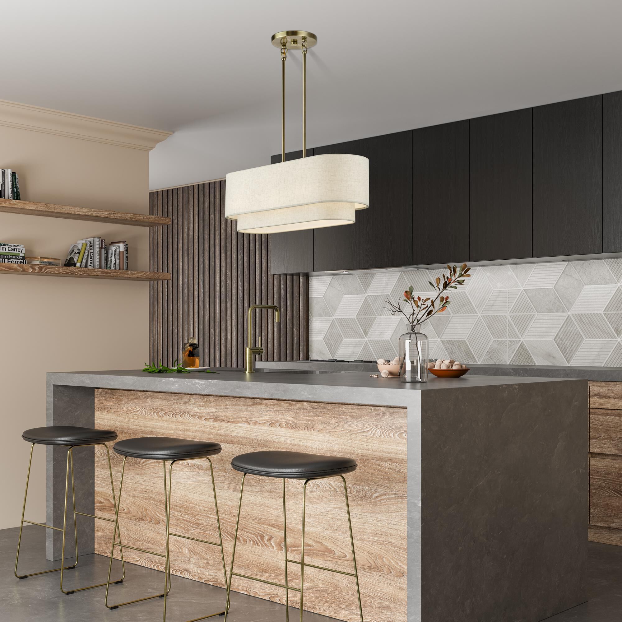 Shown in Antique Brass finish and Hand Crafted Oatmeal Color Fabric with White Color Inside shade