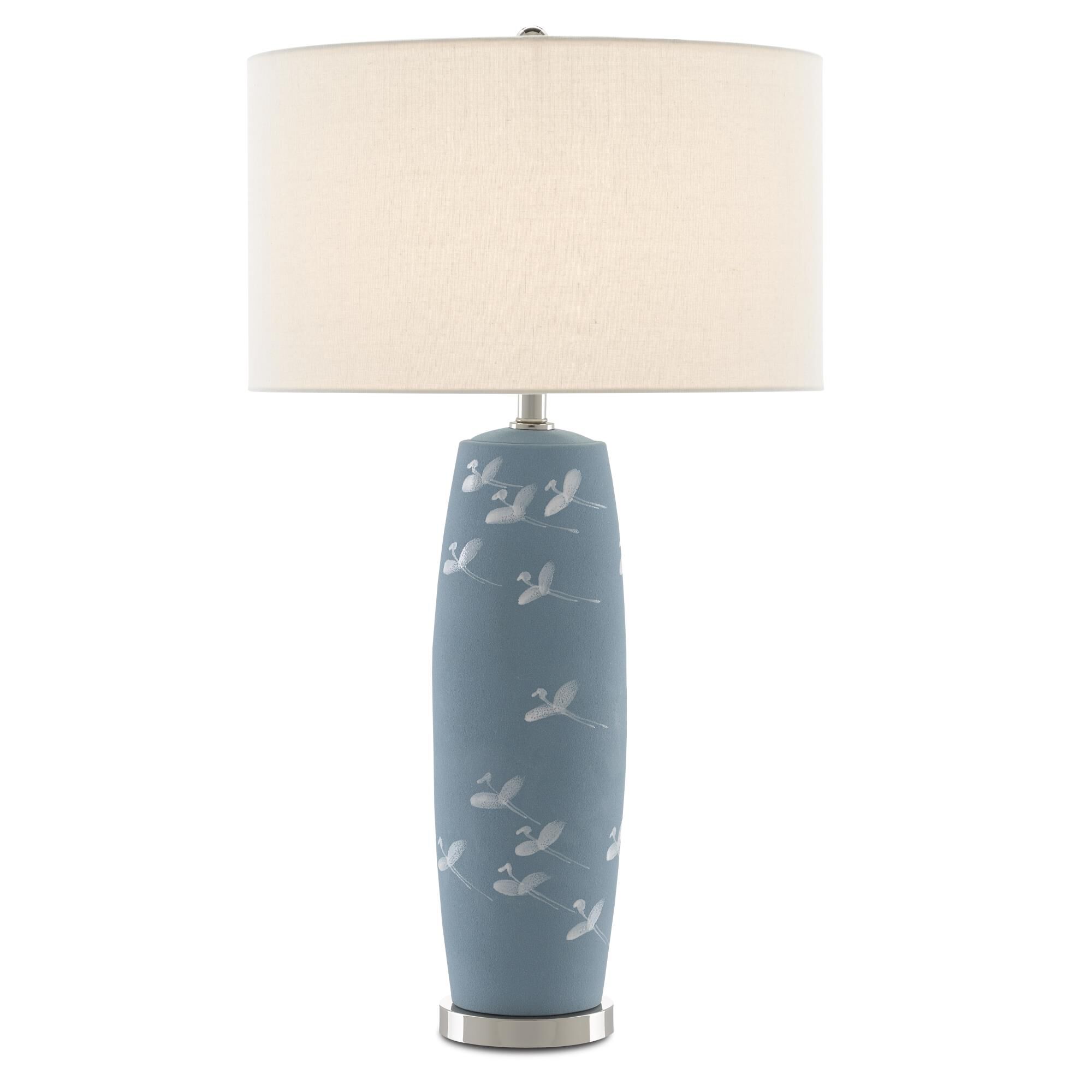 Shown in Pastel Blue/White/Polished Nickel finish and Off White Linen shade