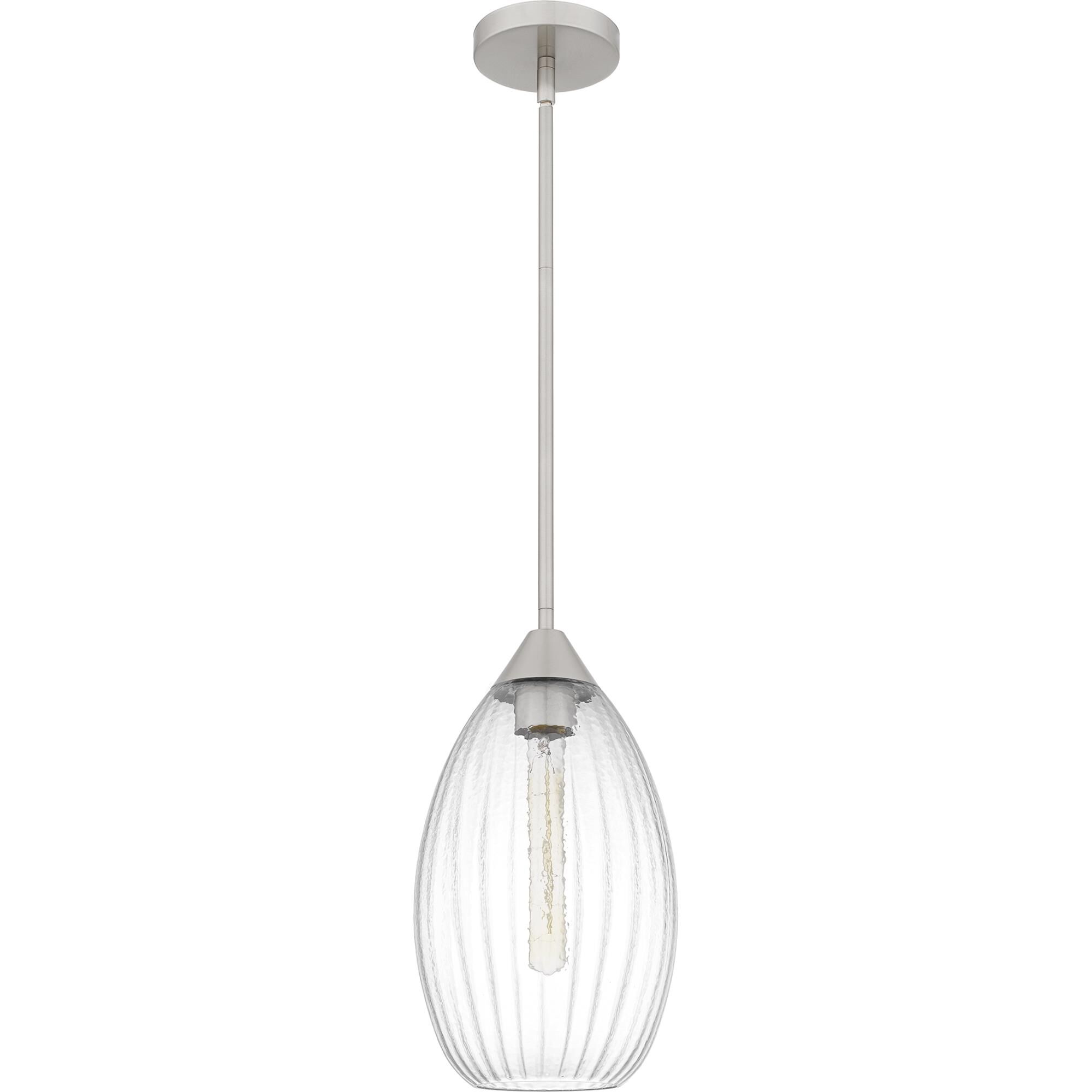 Shown in Brushed Nickel finish and Clear Hammered Ribbed Glass shade