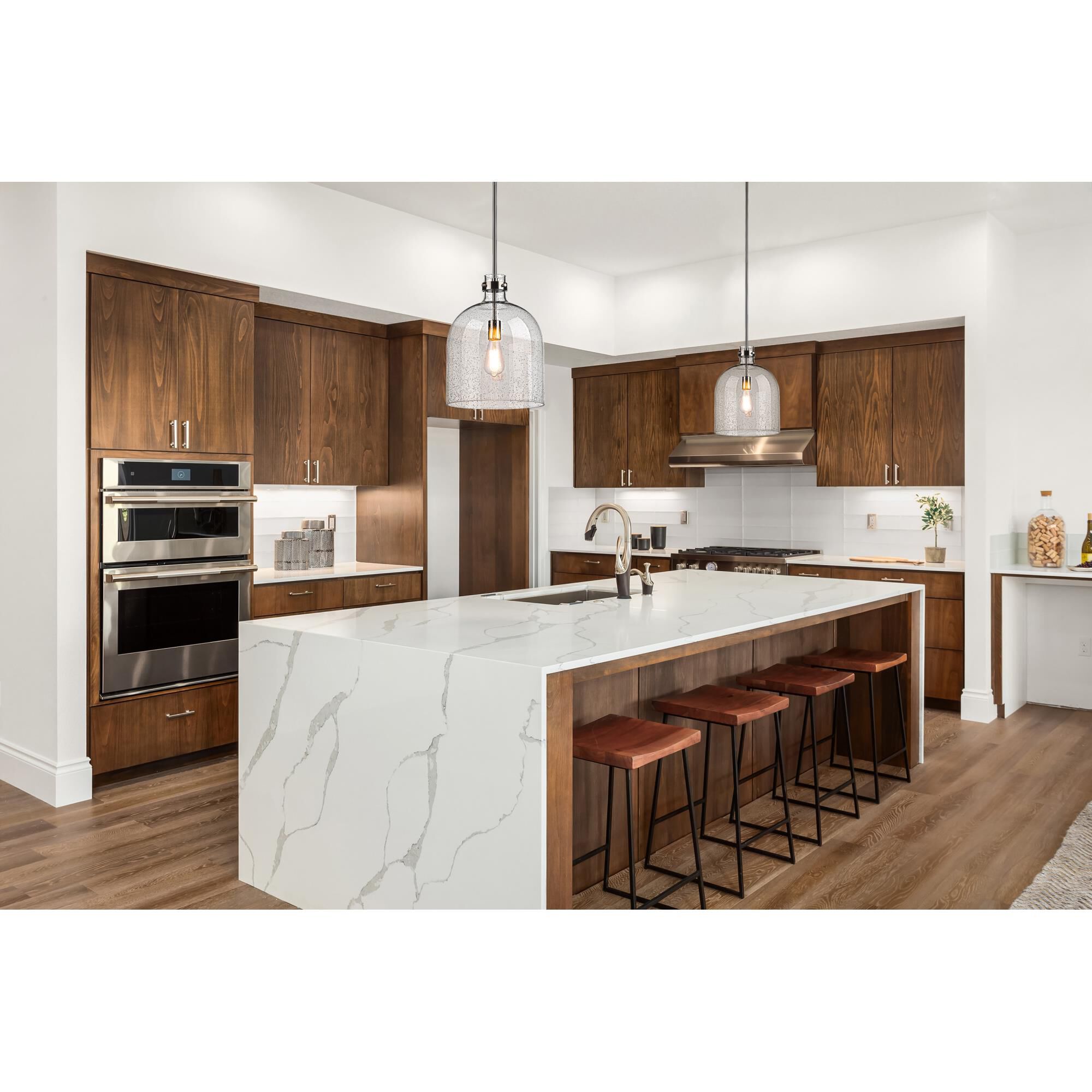 Shown in Brushed Nickel finish and Clear Seedy glass and No Shade shade