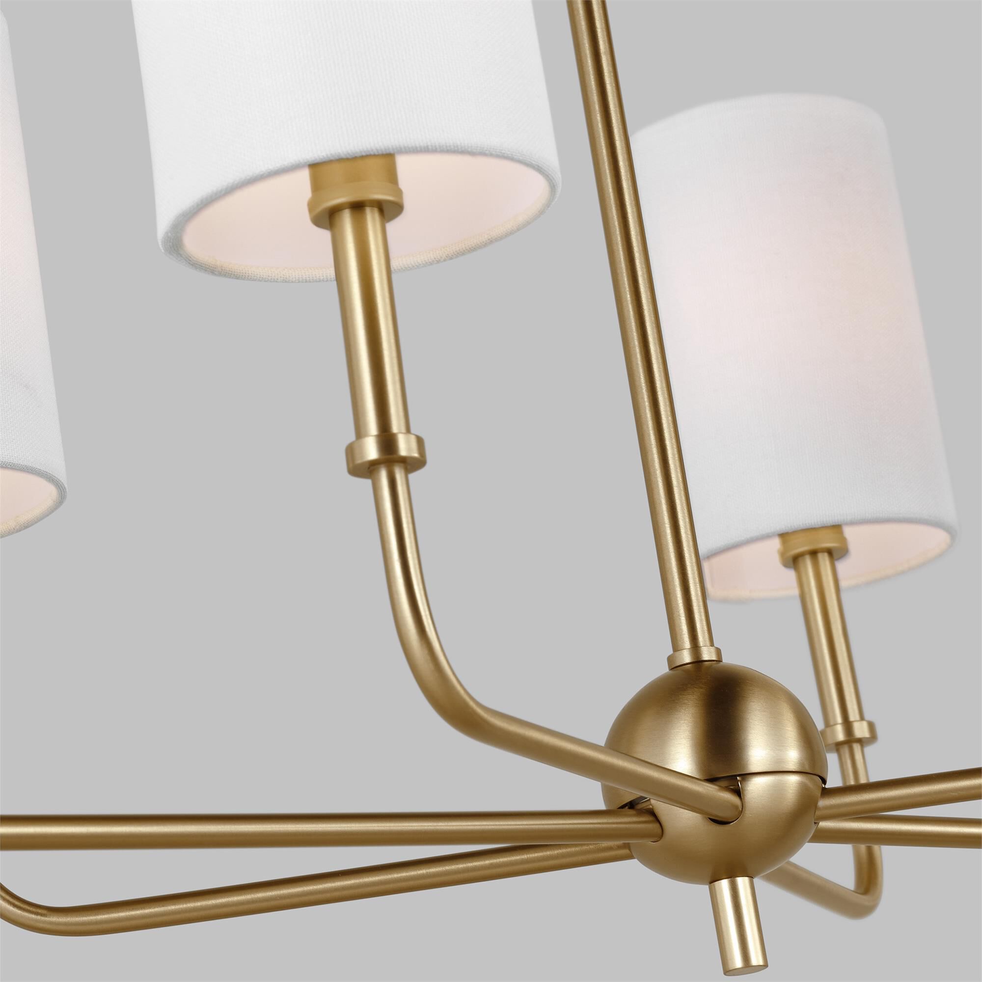 Shown in Satin Brass finish and White Linen glass and White Linen Fabric s shade
