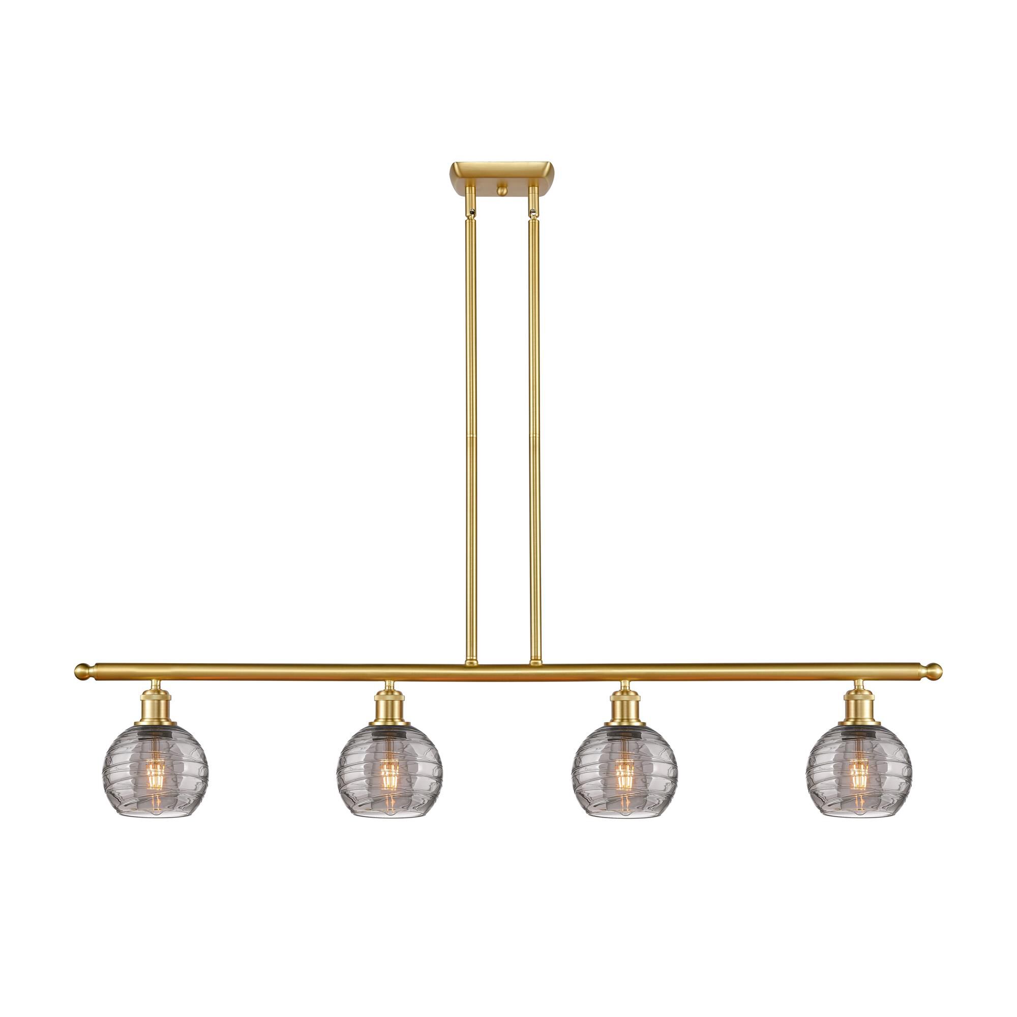 Shown in Satin Gold finish and Light Smoke Deco Swirl glass