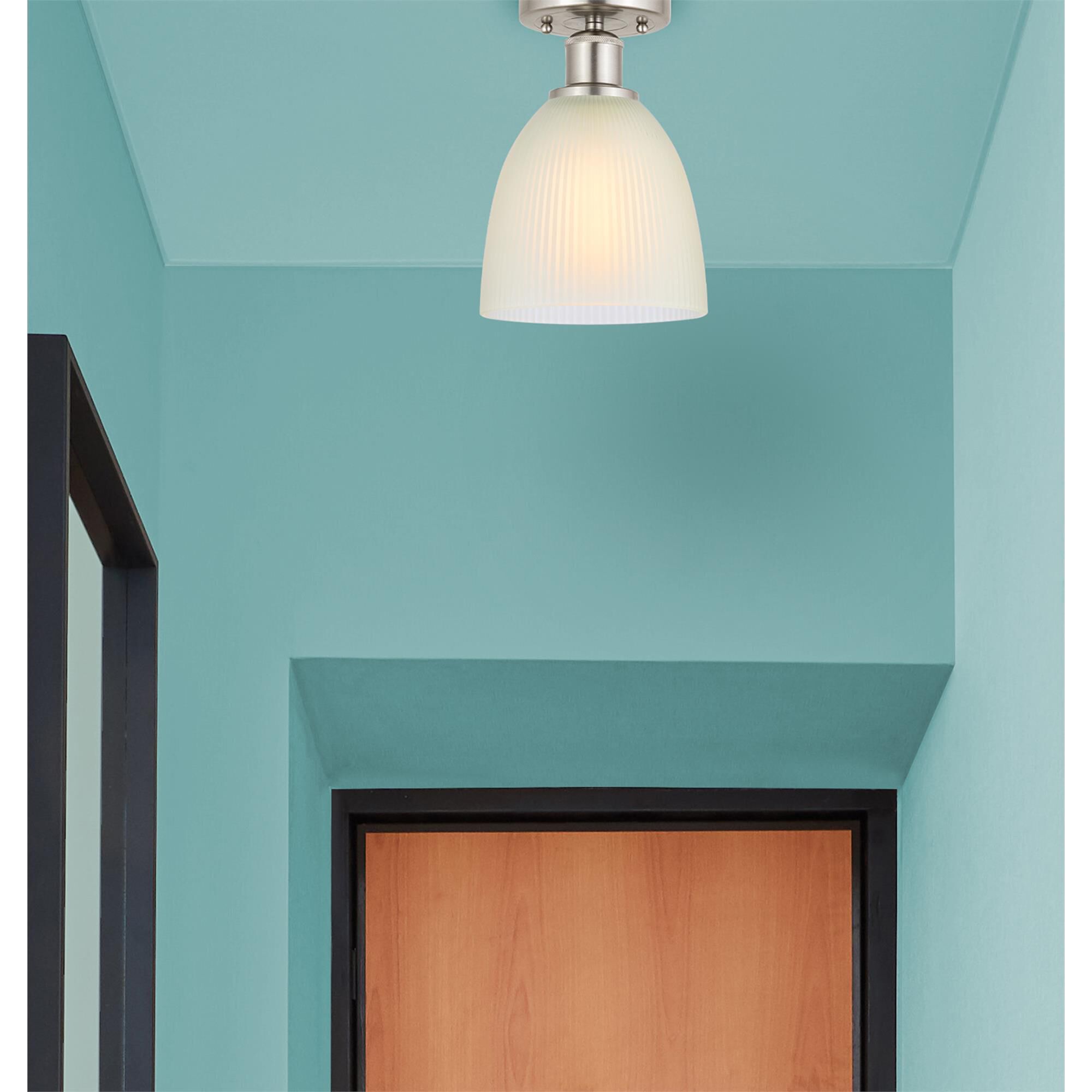Shown in Brushed Satin Nickel  finish and White glass
