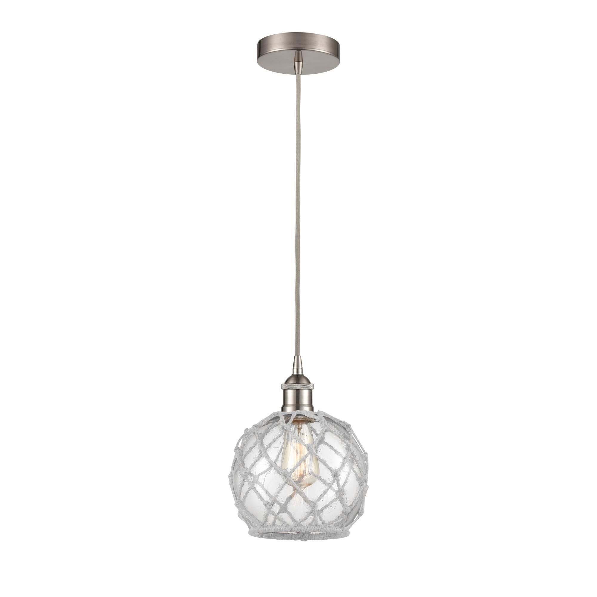 Shown in Brushed Satin Nickel finish and Clear Farmhouse With White Rope glass