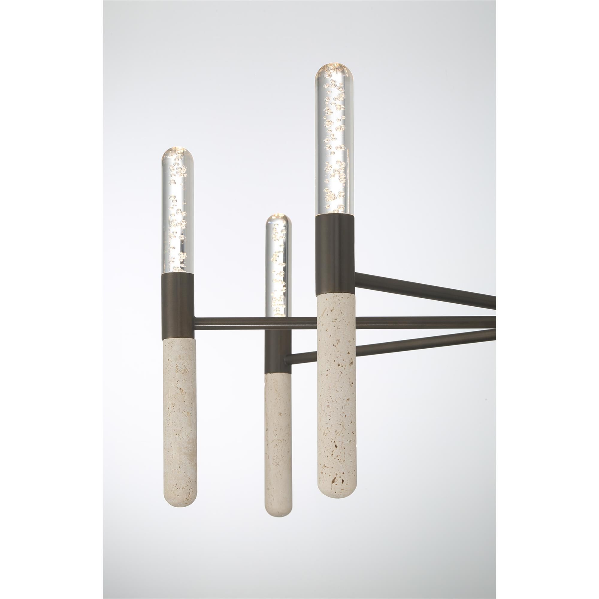 Shown in Mediterranean Bronze finish and Clear Seeded glass and Beige Travertine accent