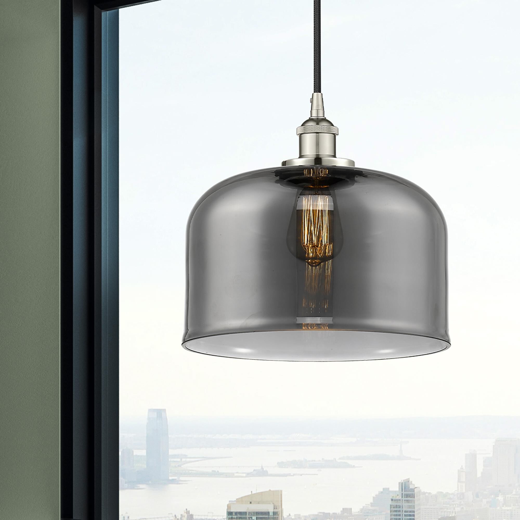 Shown in Polished Nickel finish and Plated Smoke X-Large Bell glass