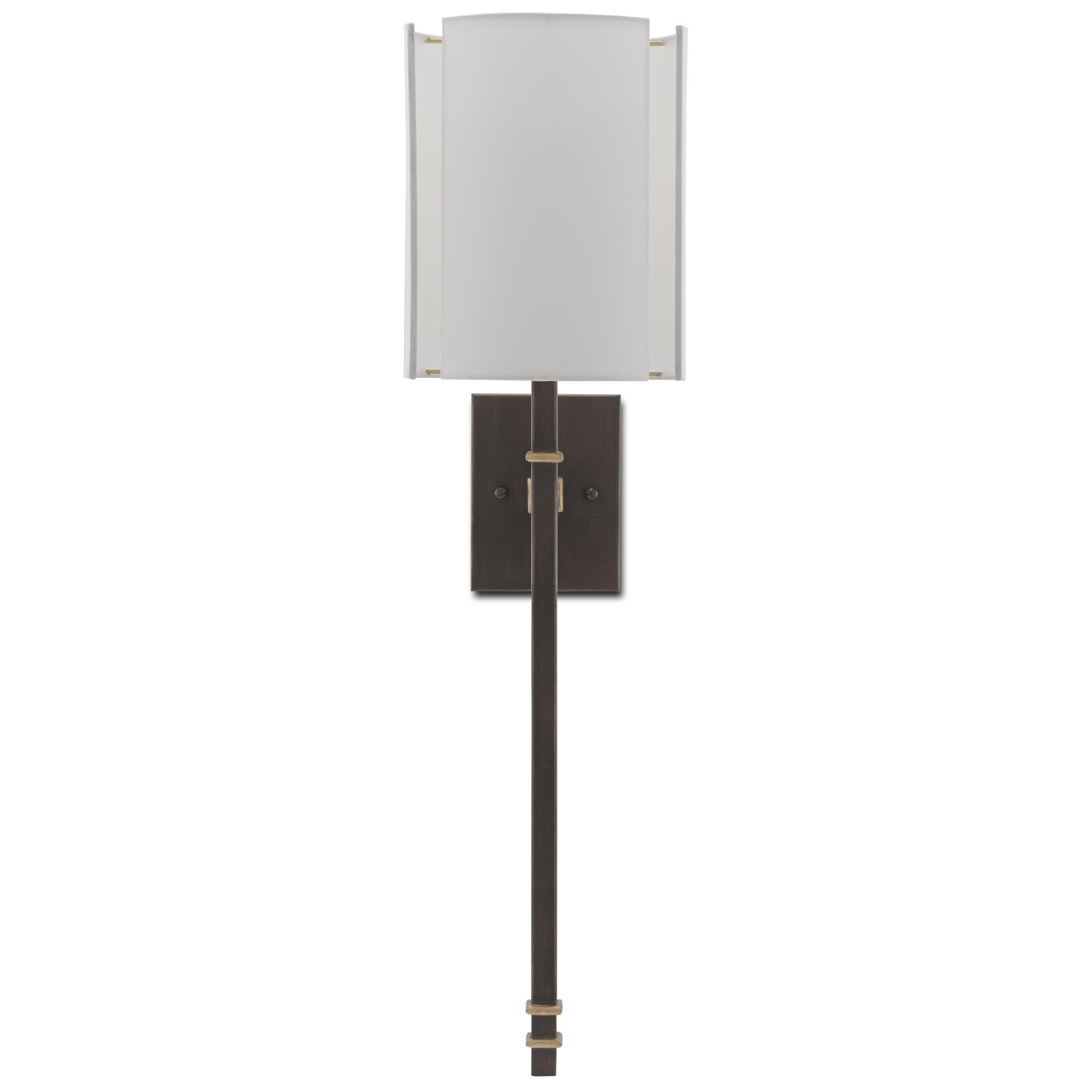 Shown in Hand Rubbed Bronze - Contemporary Gold Leaf finish and Off White Shantung shade