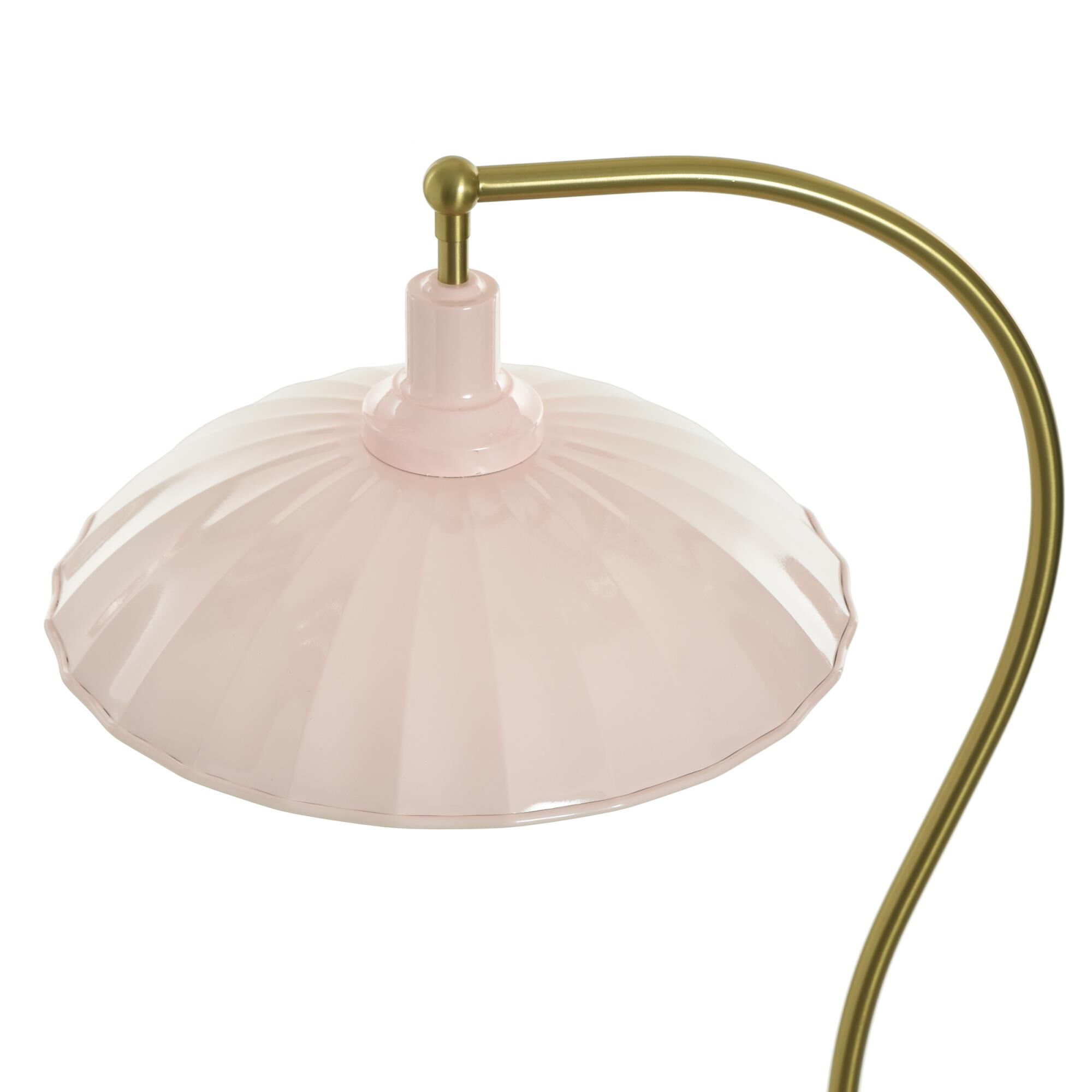 Shown in White Marble and Polished Brass finish and Glossy Pink shade