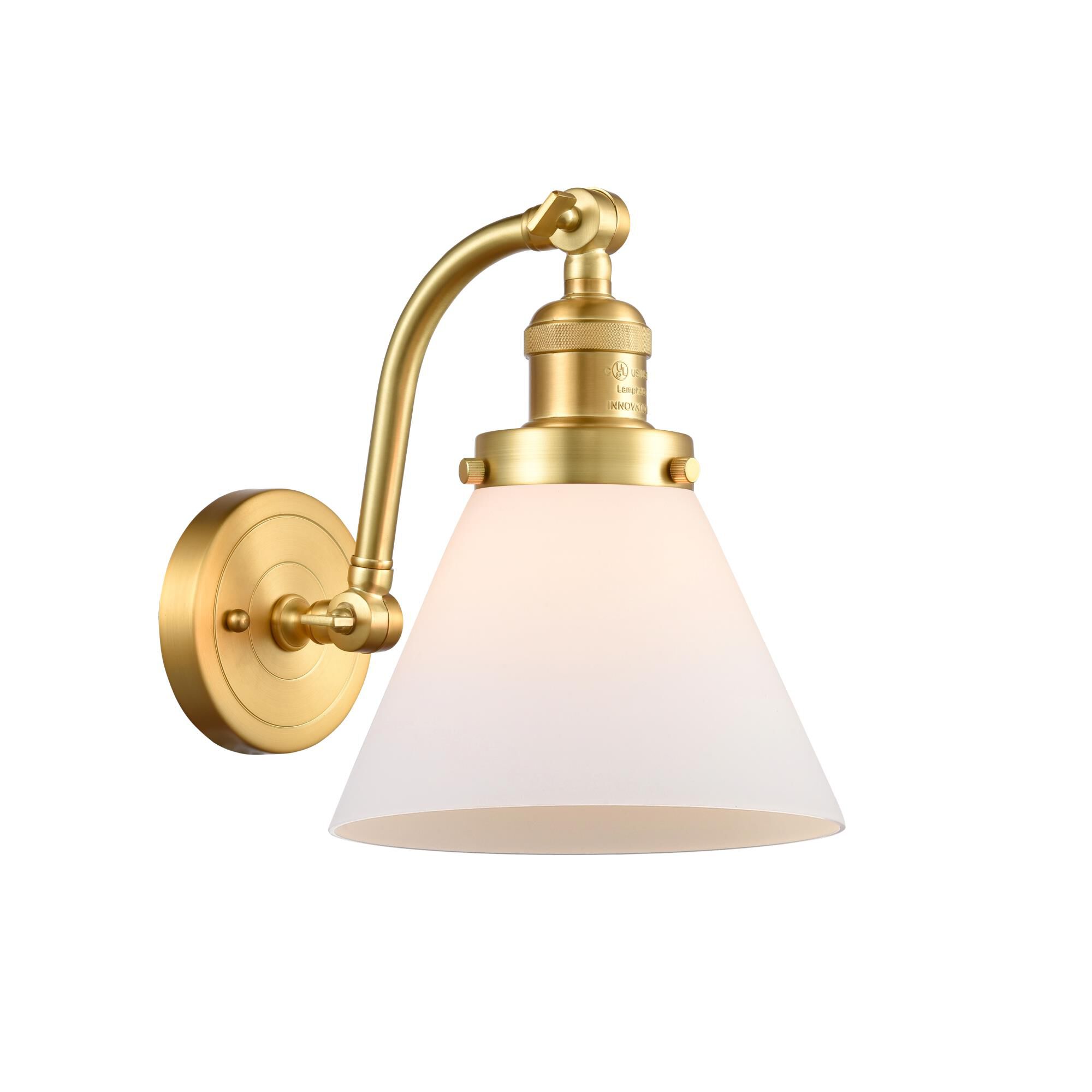 Shown in Satin Gold finish and Matte White Cased Large Cone glass